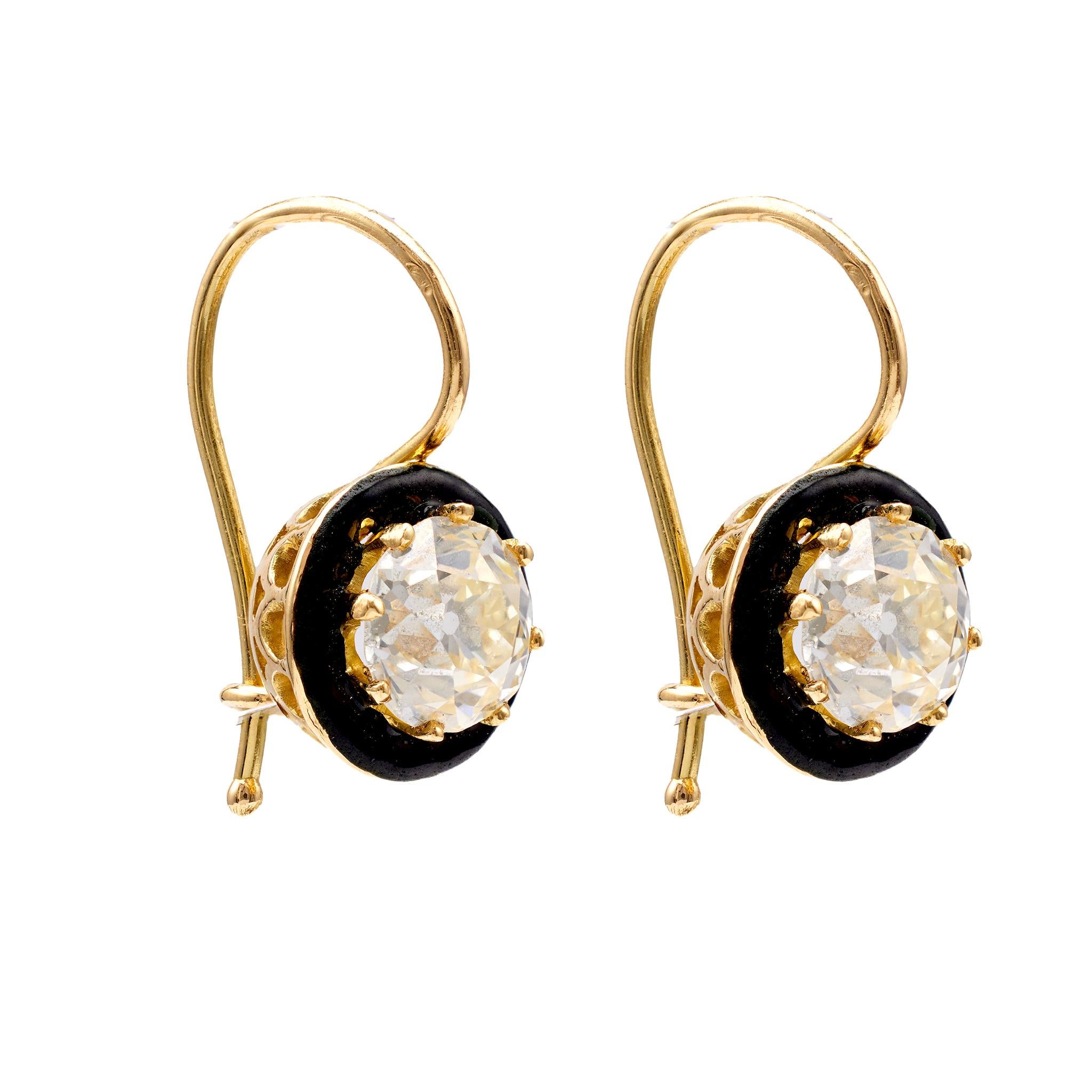 Women's or Men's Pair of French Estate Diamond Enamel 18k Yellow Gold Earrings For Sale
