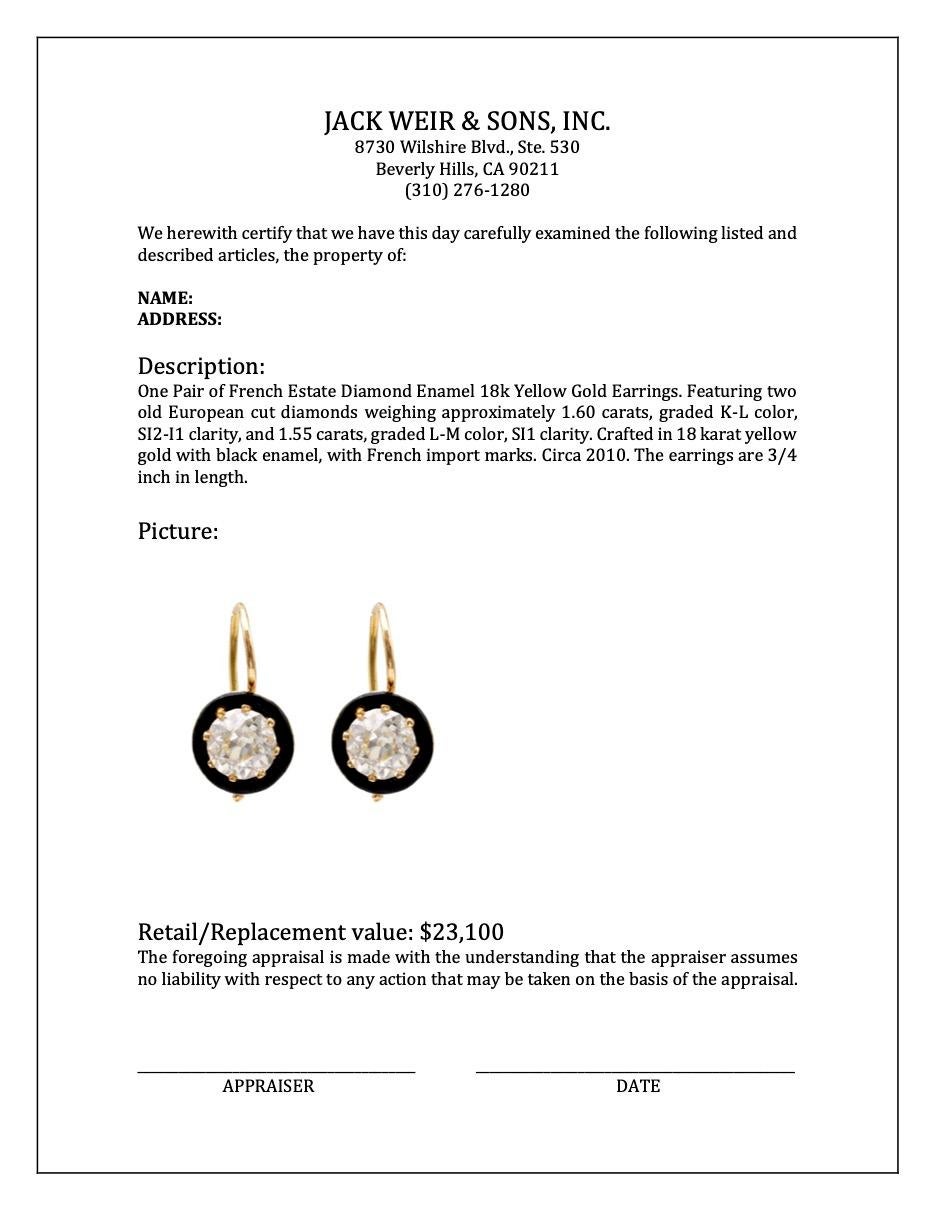 Paar französische Estate-Diamant-Emaille-Ohrringe aus 18 Karat Gelbgold mit Diamanten im Angebot 1