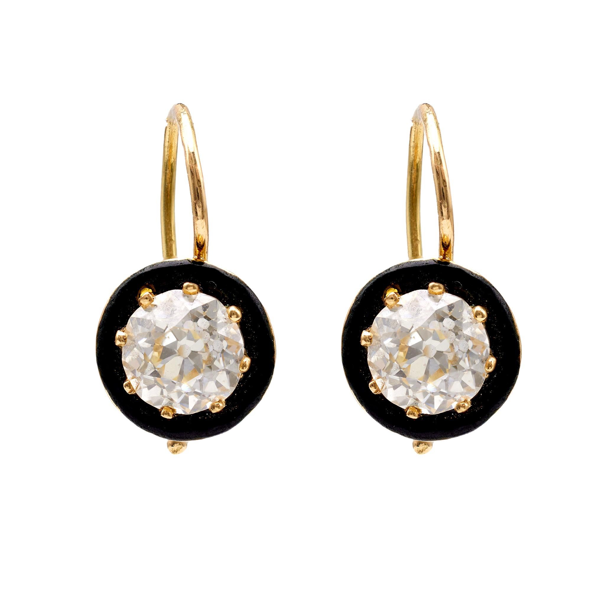 Pair of French Estate Diamond Enamel 18k Yellow Gold Earrings For Sale