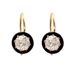 Pair of French Estate Diamond Enamel 18k Yellow Gold Earrings