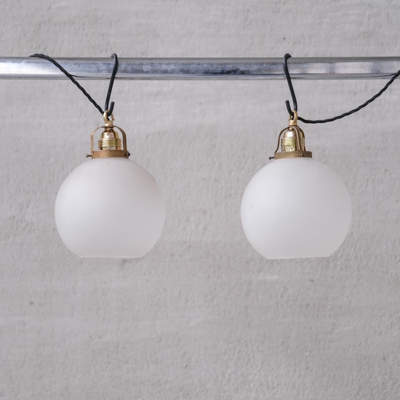 Brass Pair of French Etched Mid-Century Glass Pendant Lights  For Sale