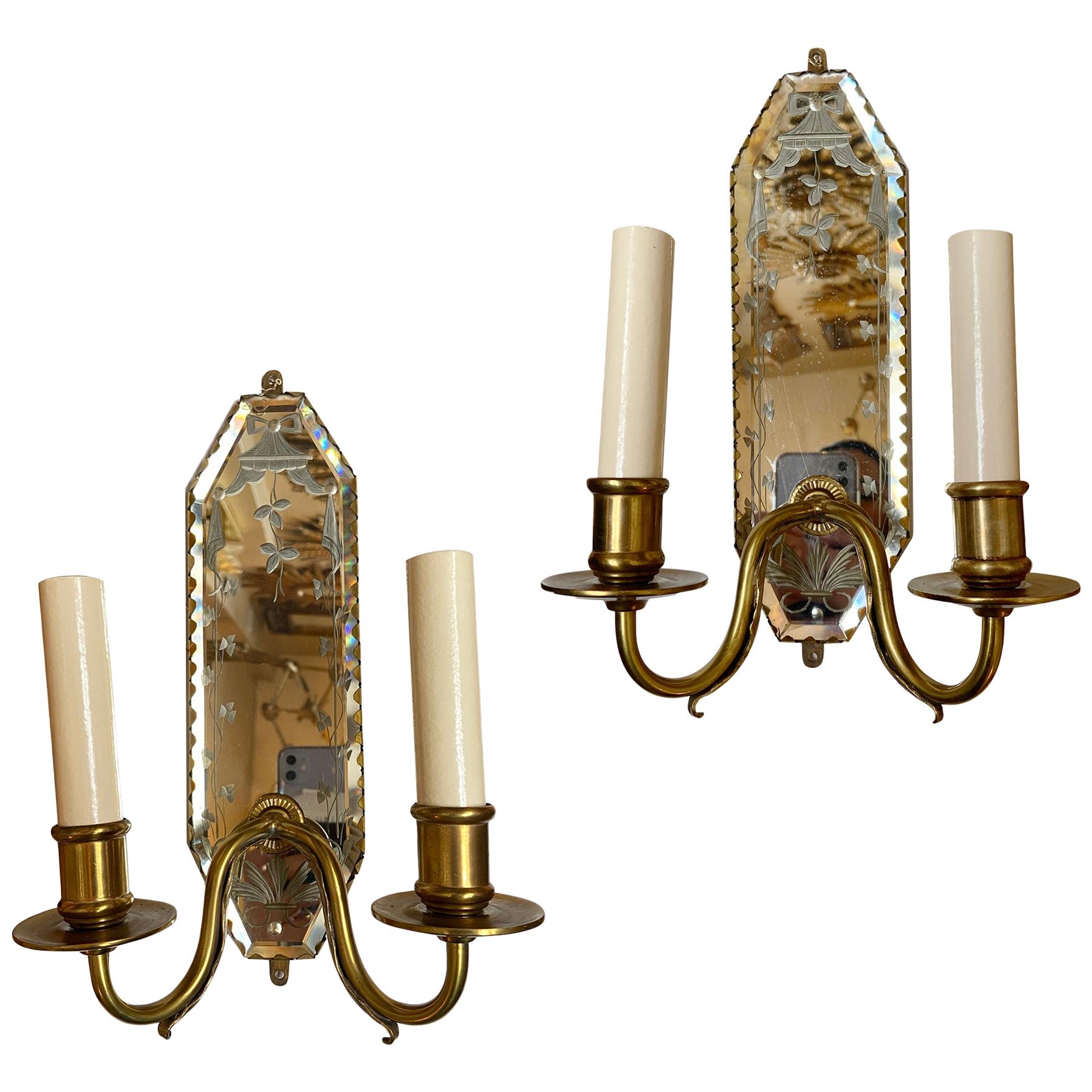 Pair of French Etched Mirror Sconces. Sold per pair