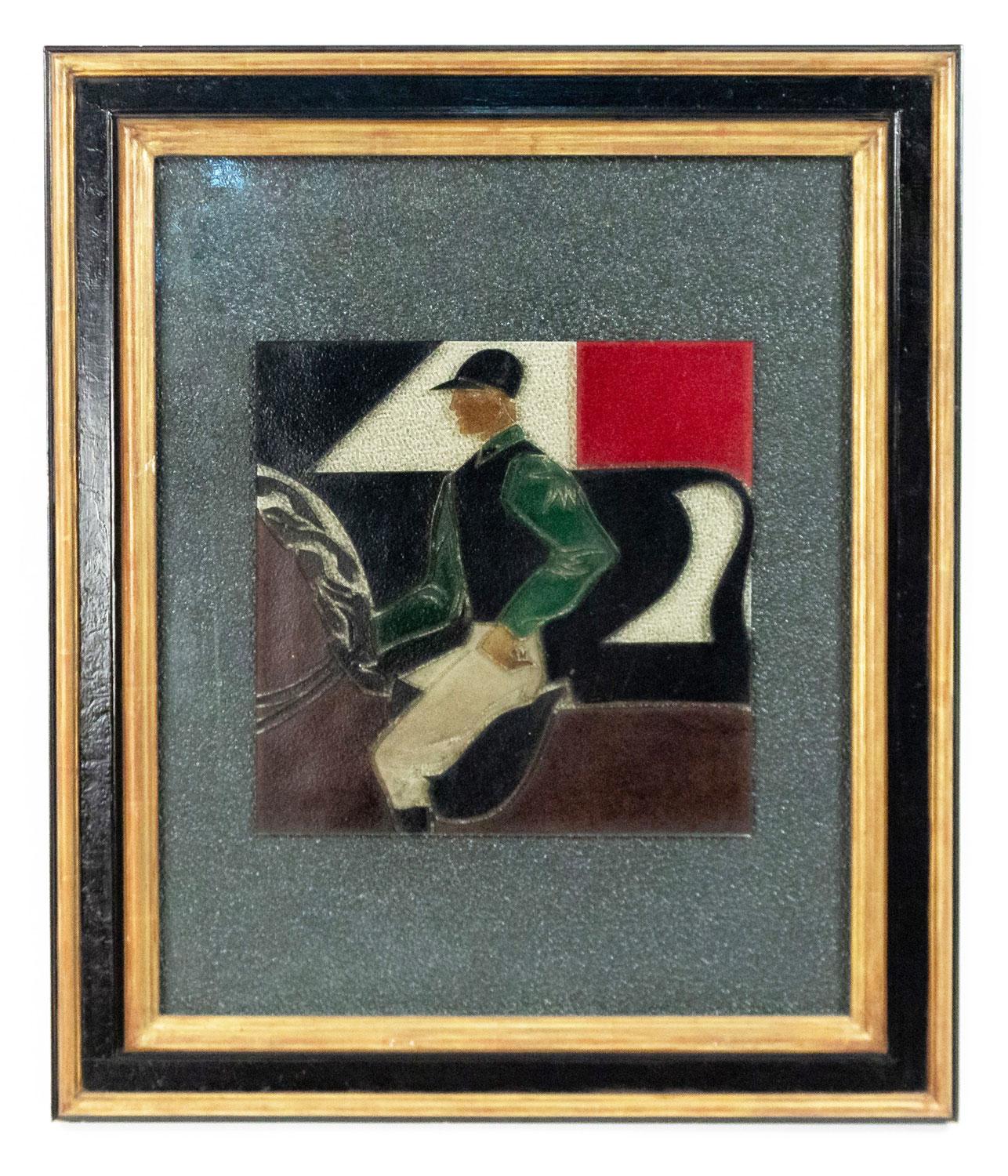 PAR de placas de pared francesas de cristal grabado y pintado de los años 40 con escena de jugador de polo a caballo en marco lacado negro (PRECIADAS COMO PAR).