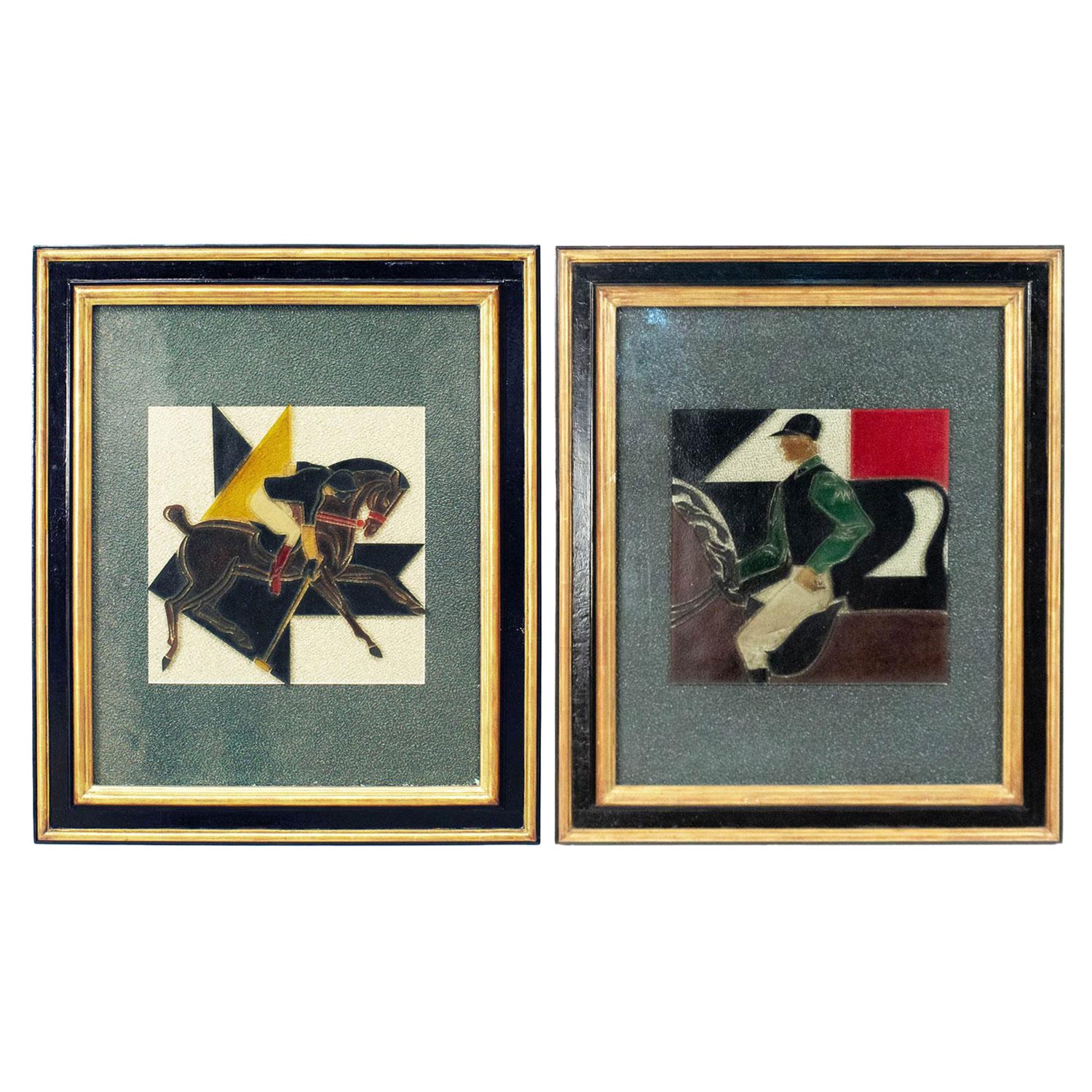 Coppia di targhe da parete francesi incise per giocatori di polo