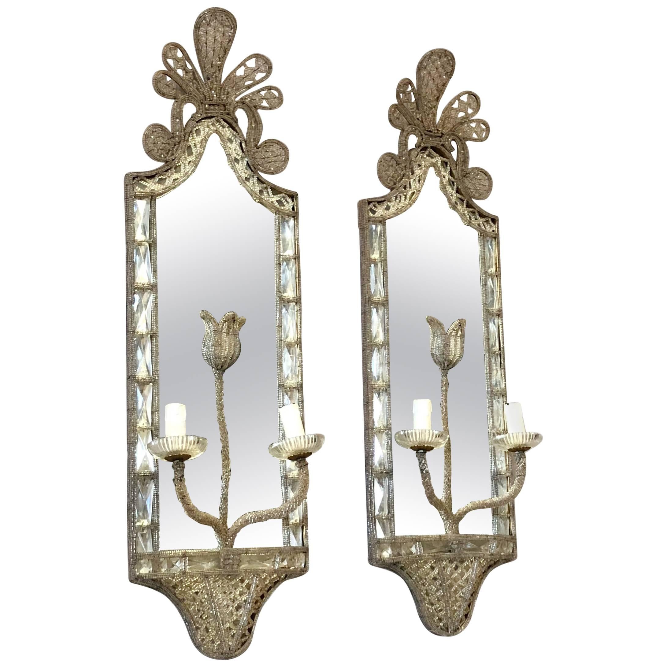 Pair of French Exquisite Crystal Wall Sconces with Two Lights and Mirror