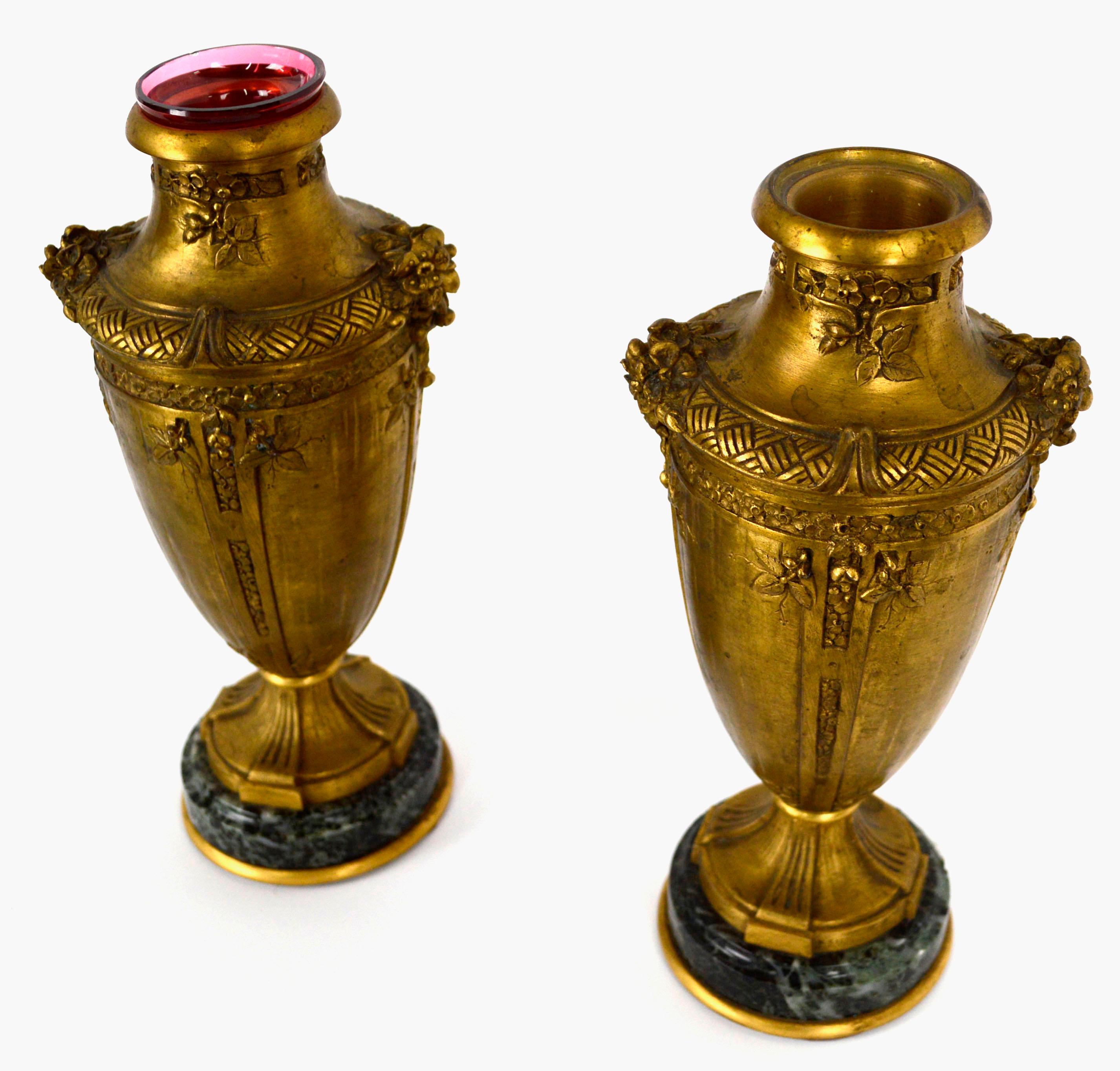 Pair of French F Barbedienne Gilt Bronze & Marble Small Amphora Vases 8