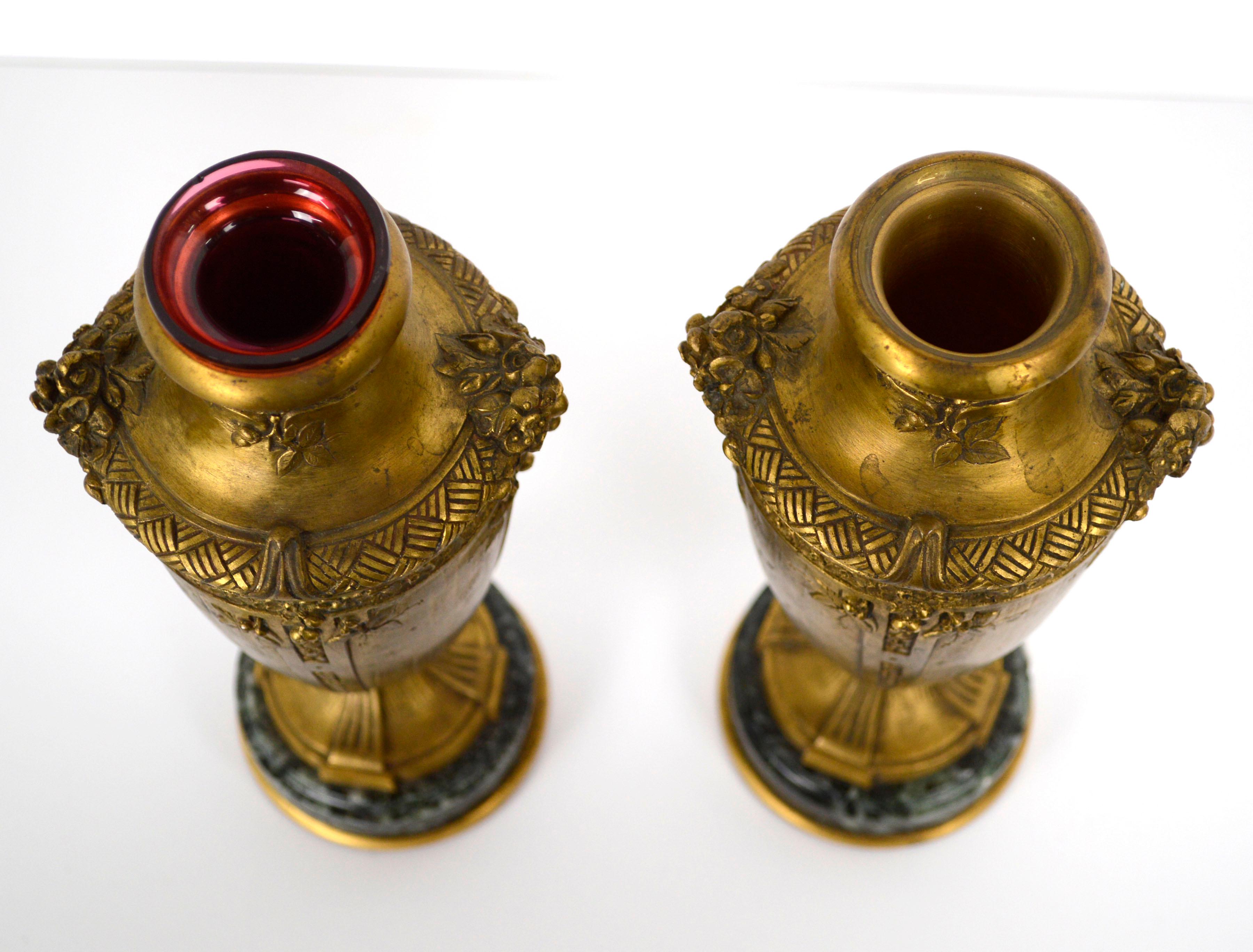 Pair of French F Barbedienne Gilt Bronze & Marble Small Amphora Vases 9