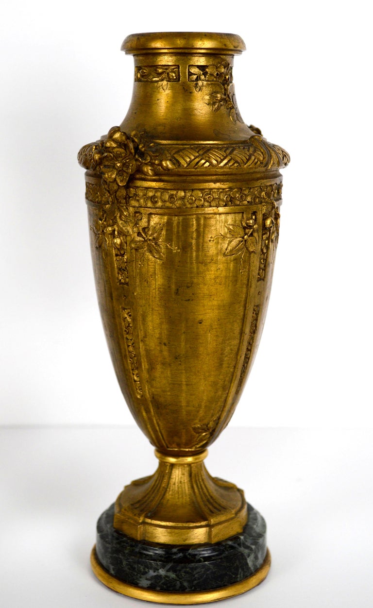 Pair of French F Barbedienne Gilt Bronze and Marble Small Amphora Vases