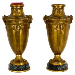Pair of French F Barbedienne Gilt Bronze & Marble Small Amphora Vases