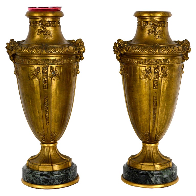 Pair of French F Barbedienne Gilt Bronze and Marble Small Amphora Vases