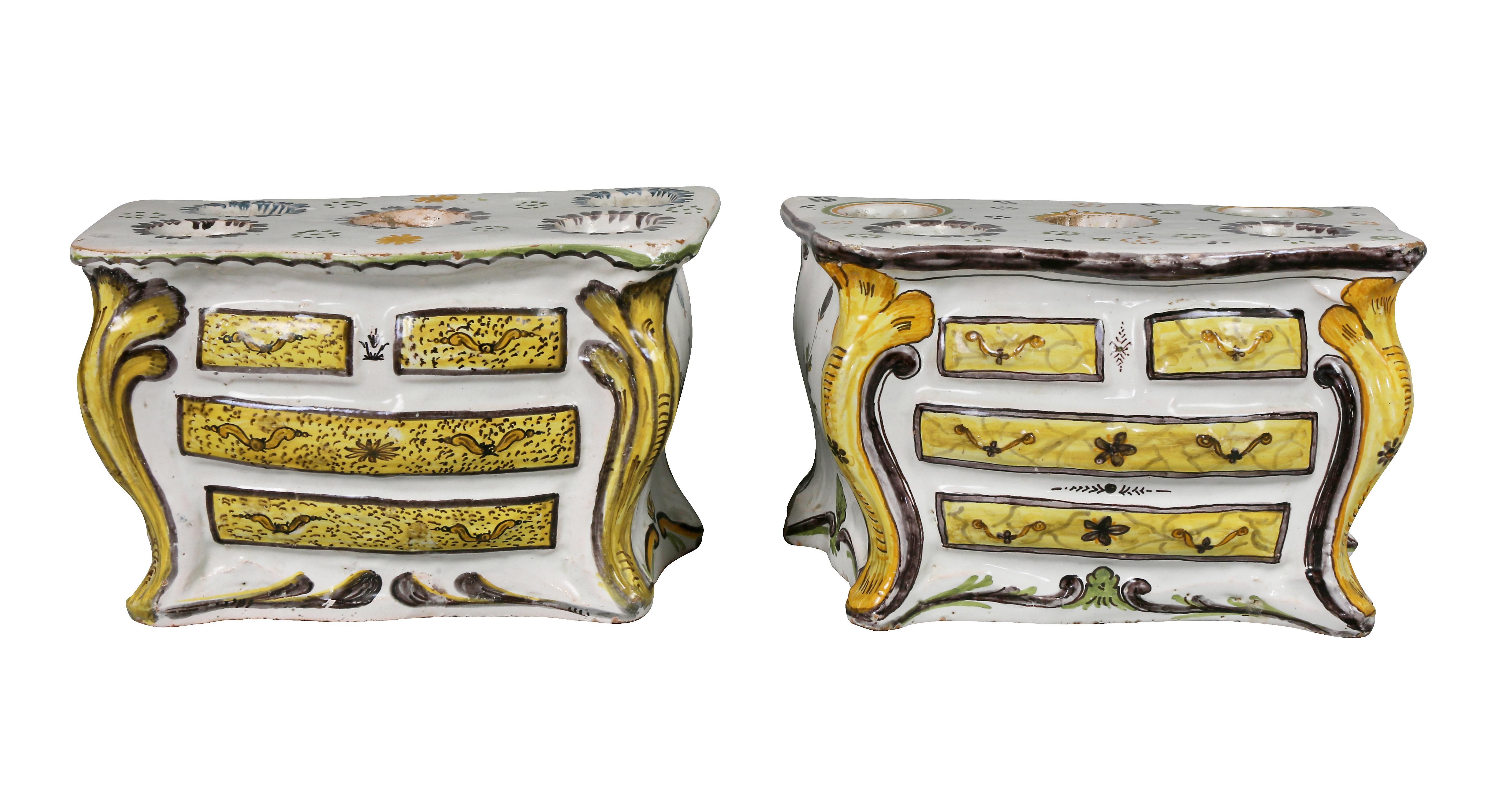 Pair of French Faience Bough Pots in the Form of Commodes In Good Condition For Sale In Essex, MA