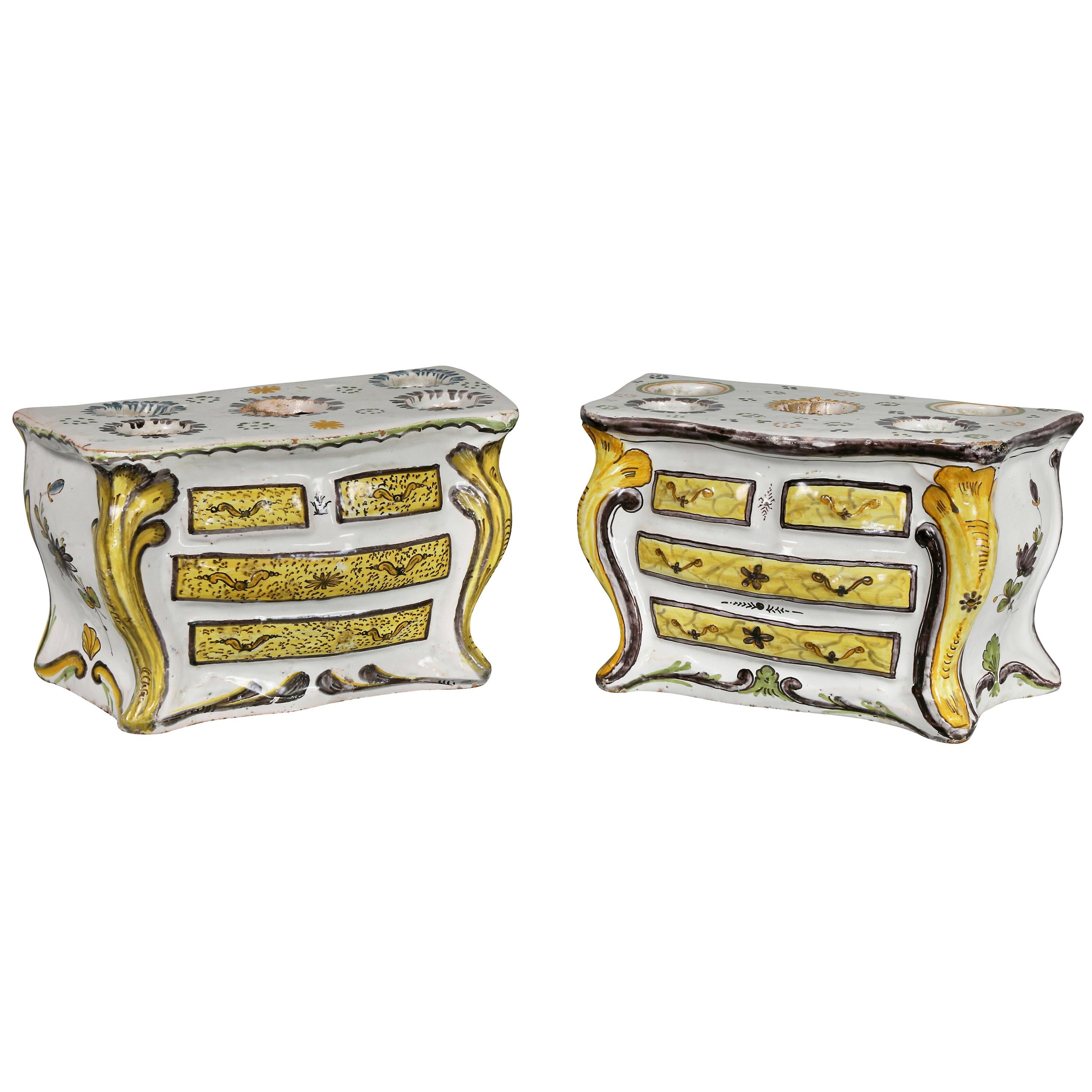 Pair of French Faience Bough Pots in the Form of Commodes For Sale