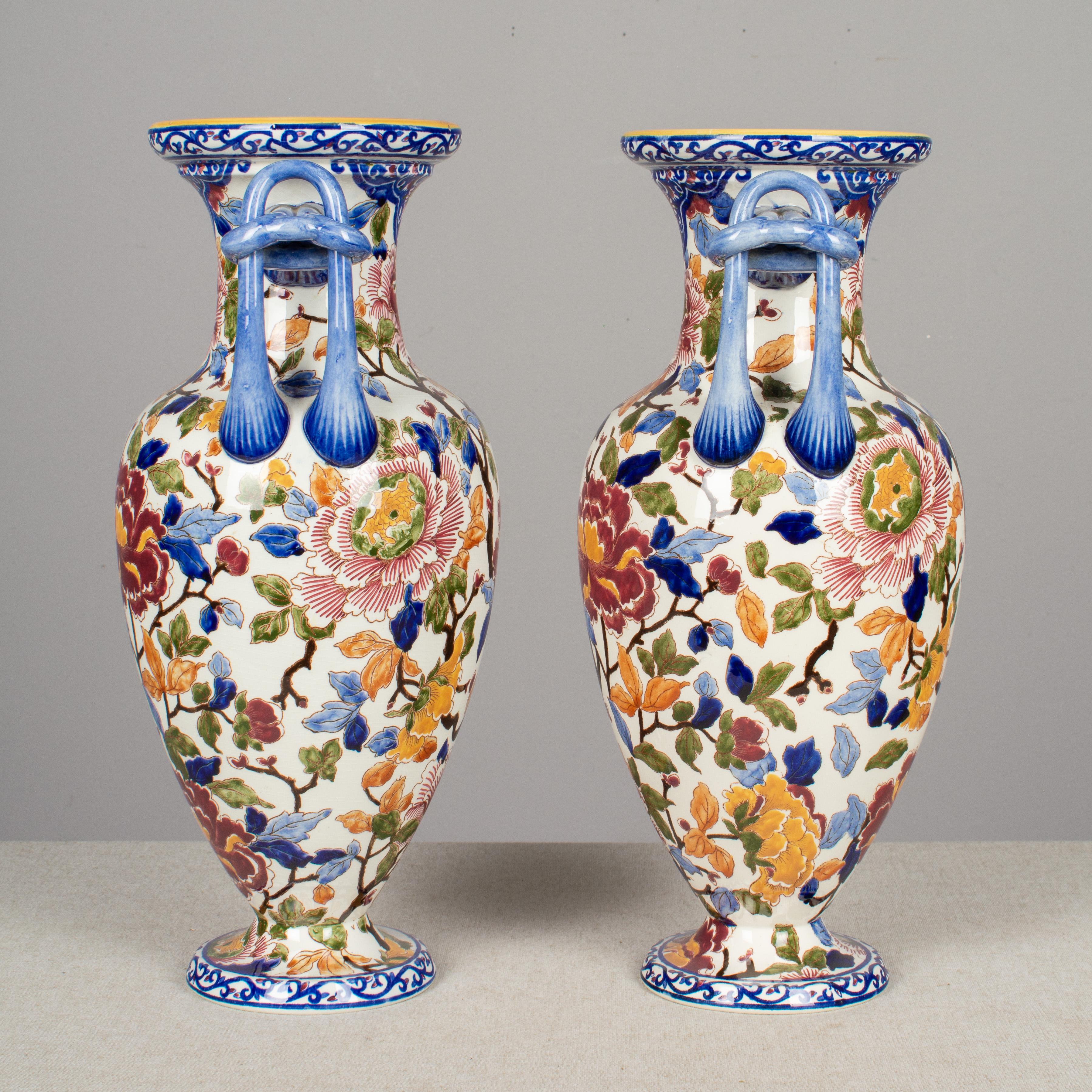 French Provincial Pair of French Faience Gien Vases