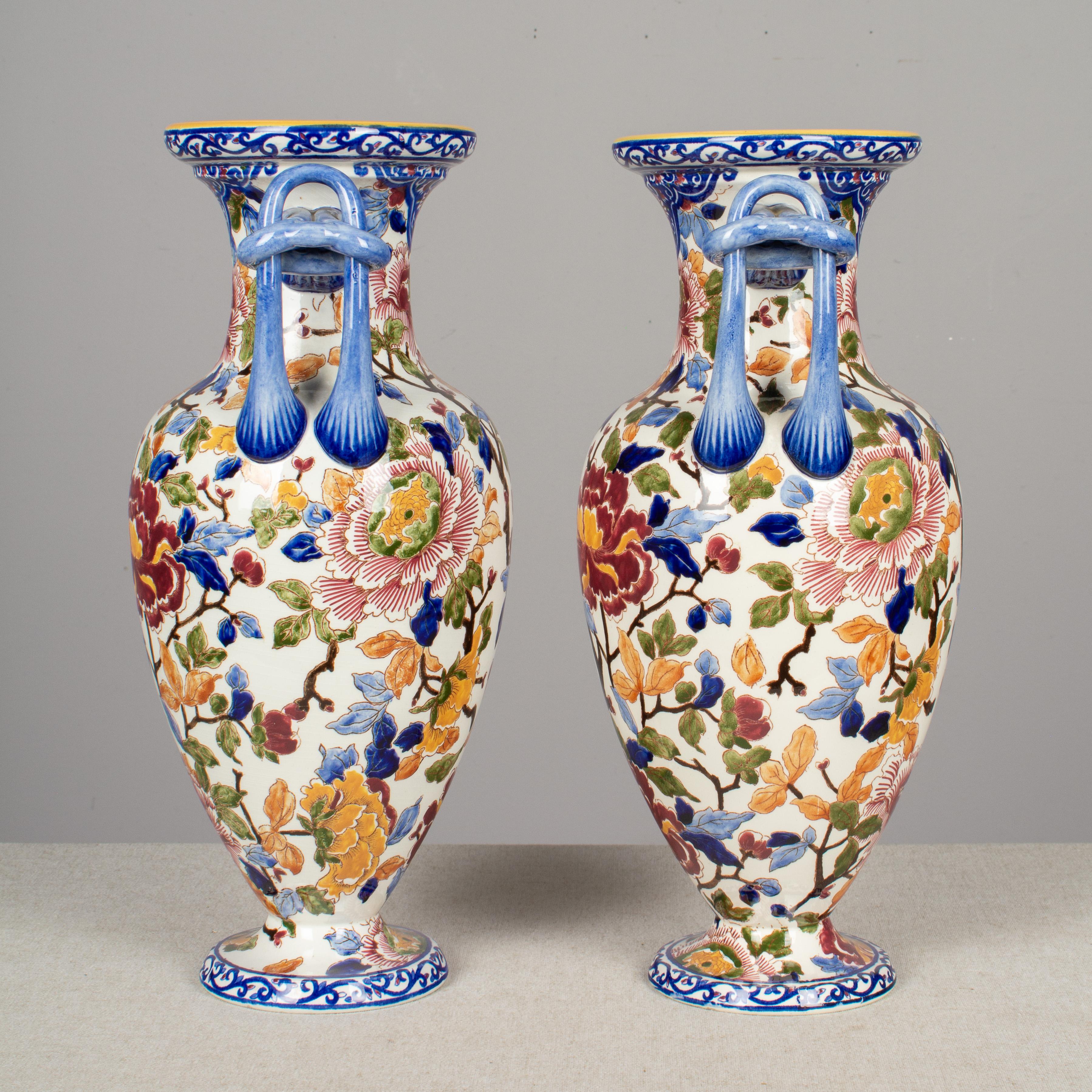 Hand-Painted Pair of French Faience Gien Vases