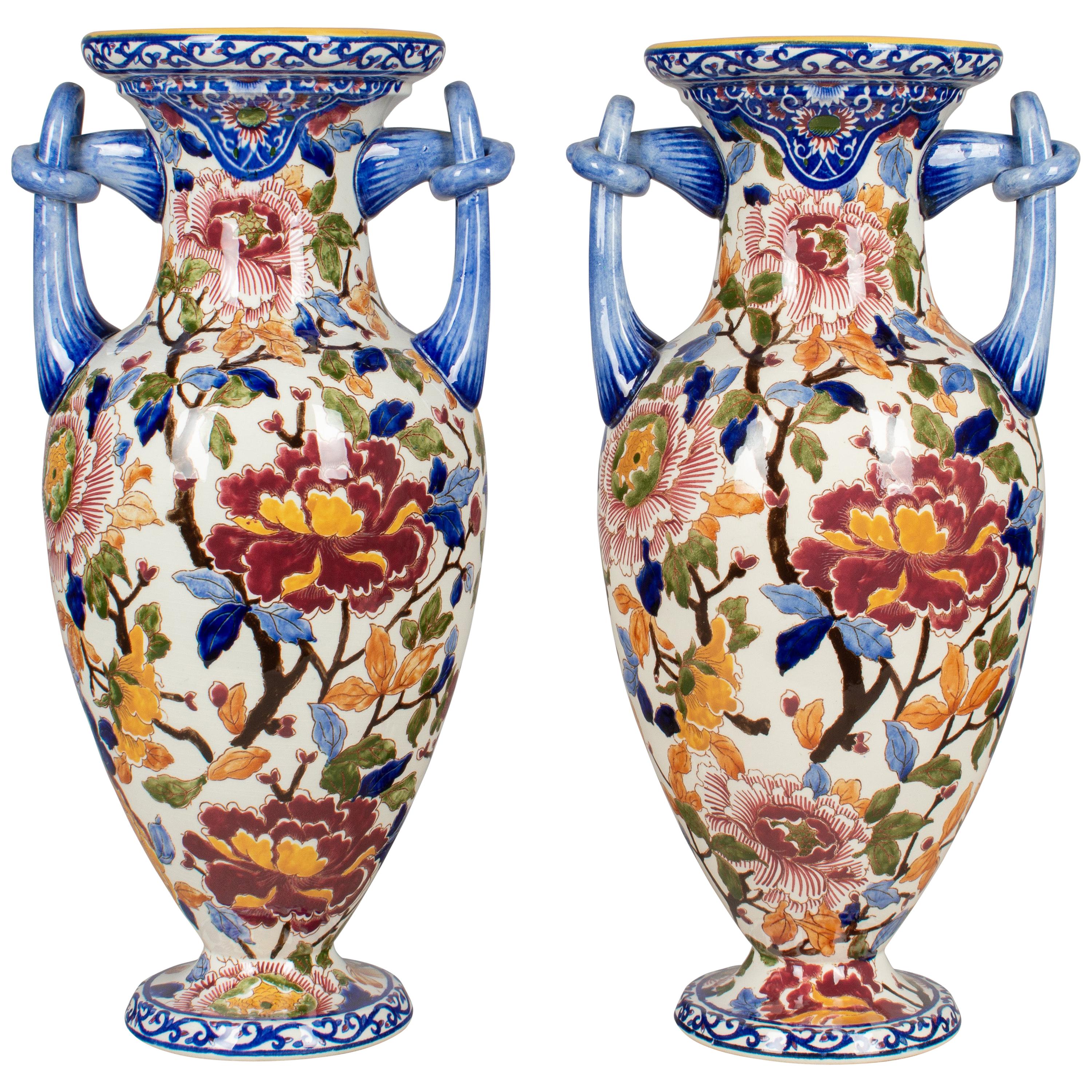 Pair of French Faience Gien Vases