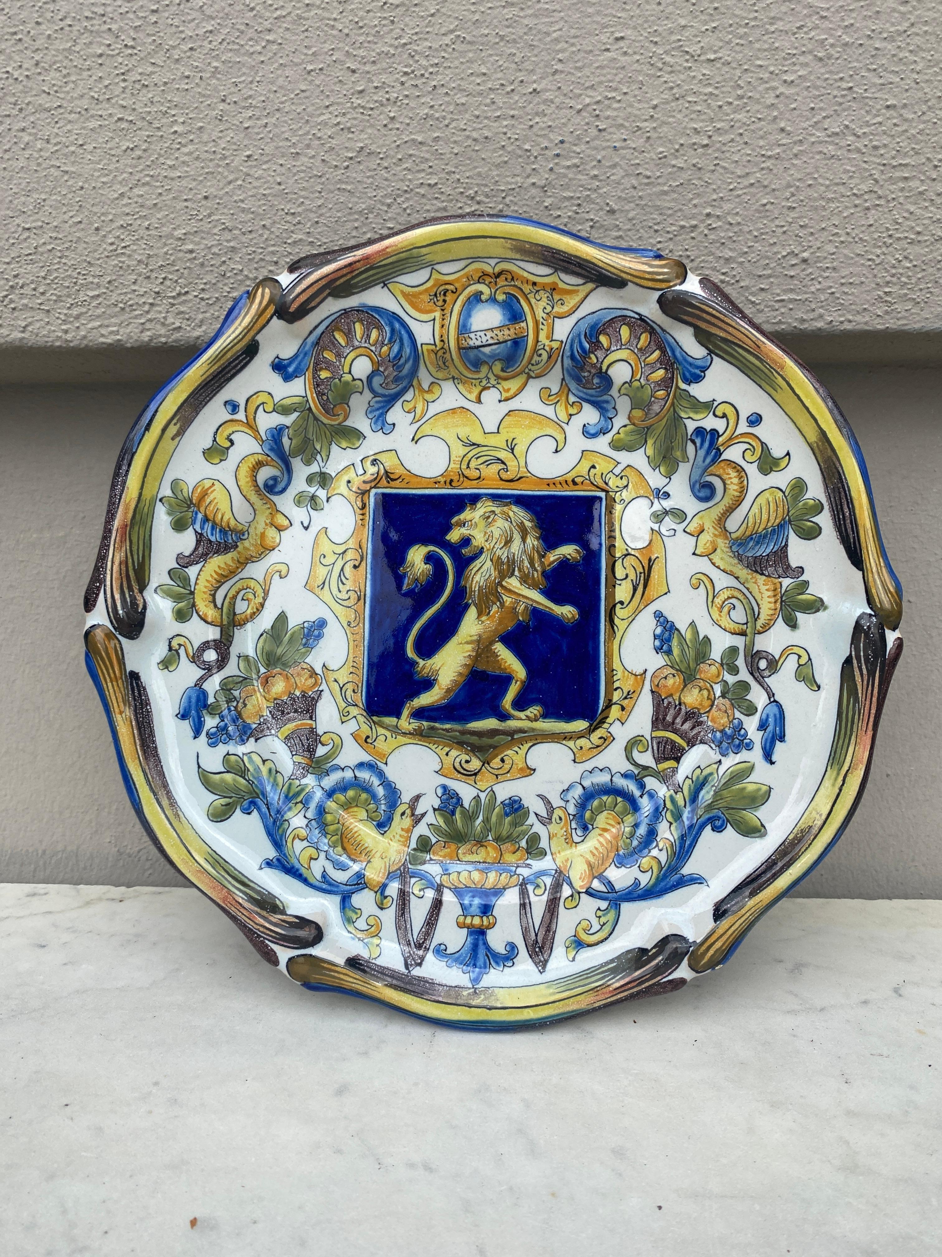 Pair of French Faience Plate Coat of Arms signed Keller & Guerin Saint Clement, circa 1900.
Decorated with coat of arms and lions.
Neo Renaissance style.