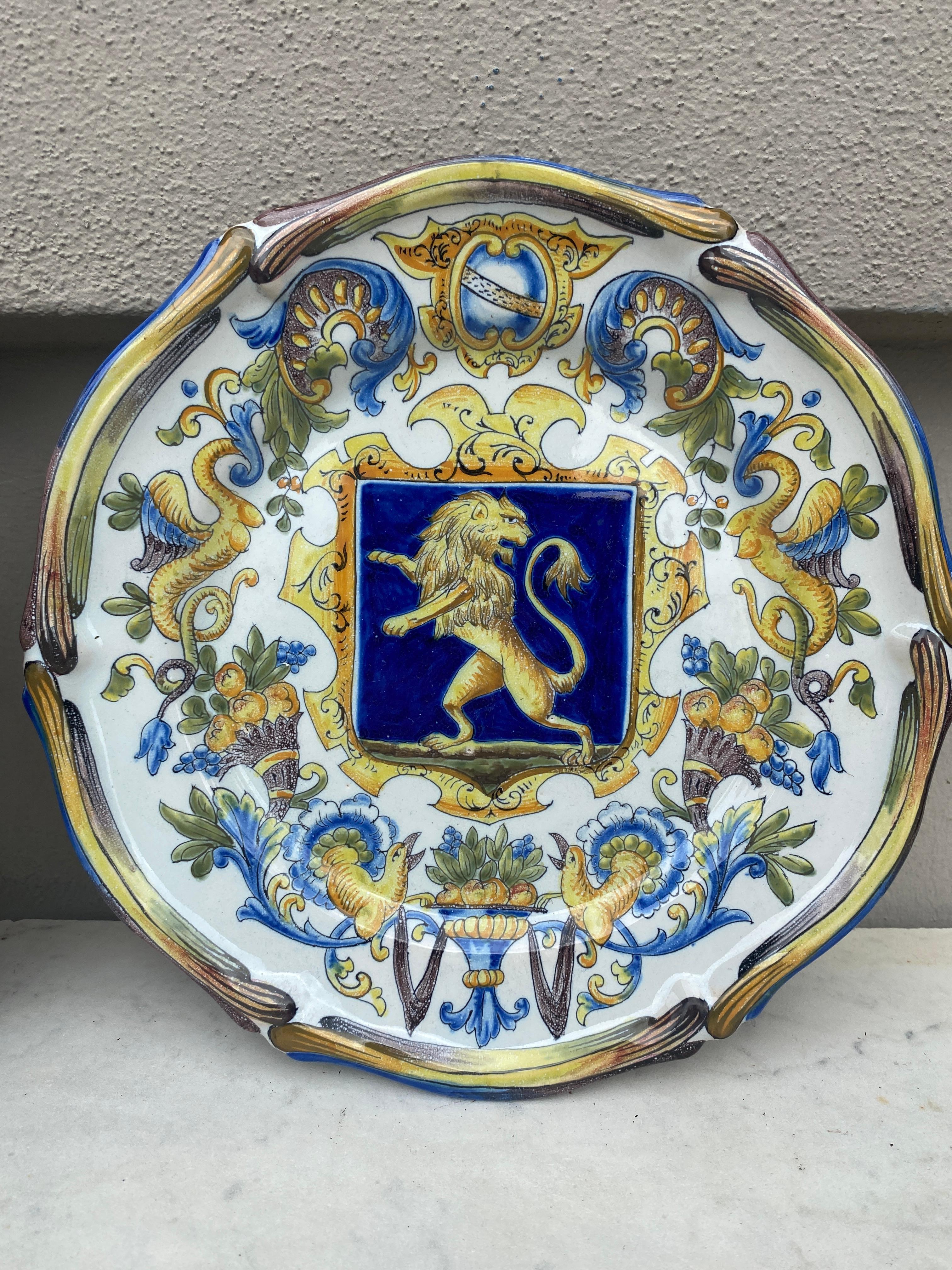 French Provincial Pair of French Faience Plate Coat of Arms Saint Clement, circa 1900 For Sale