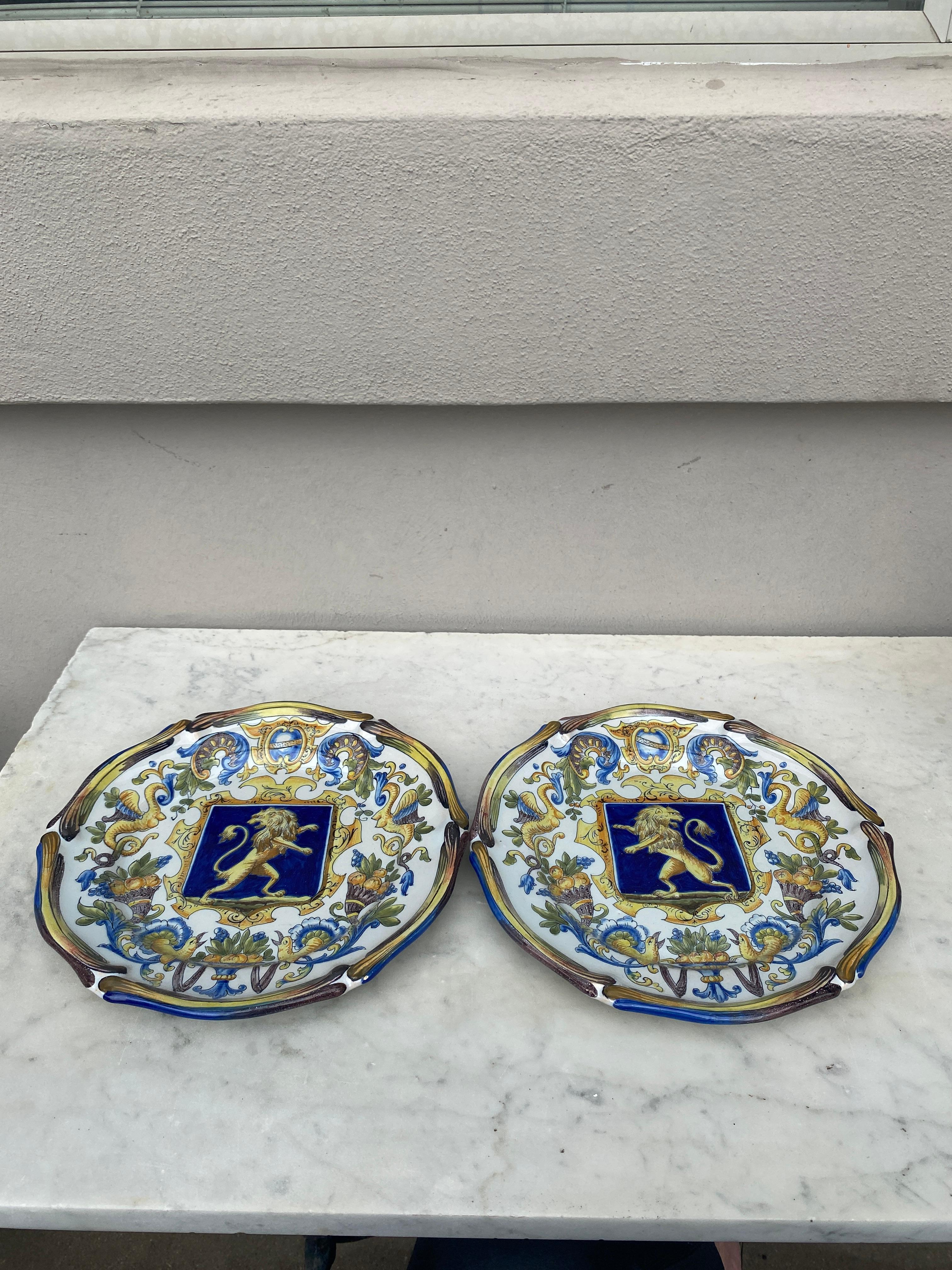Pair of French Faience Plate Coat of Arms Saint Clement, circa 1900 In Good Condition For Sale In Austin, TX