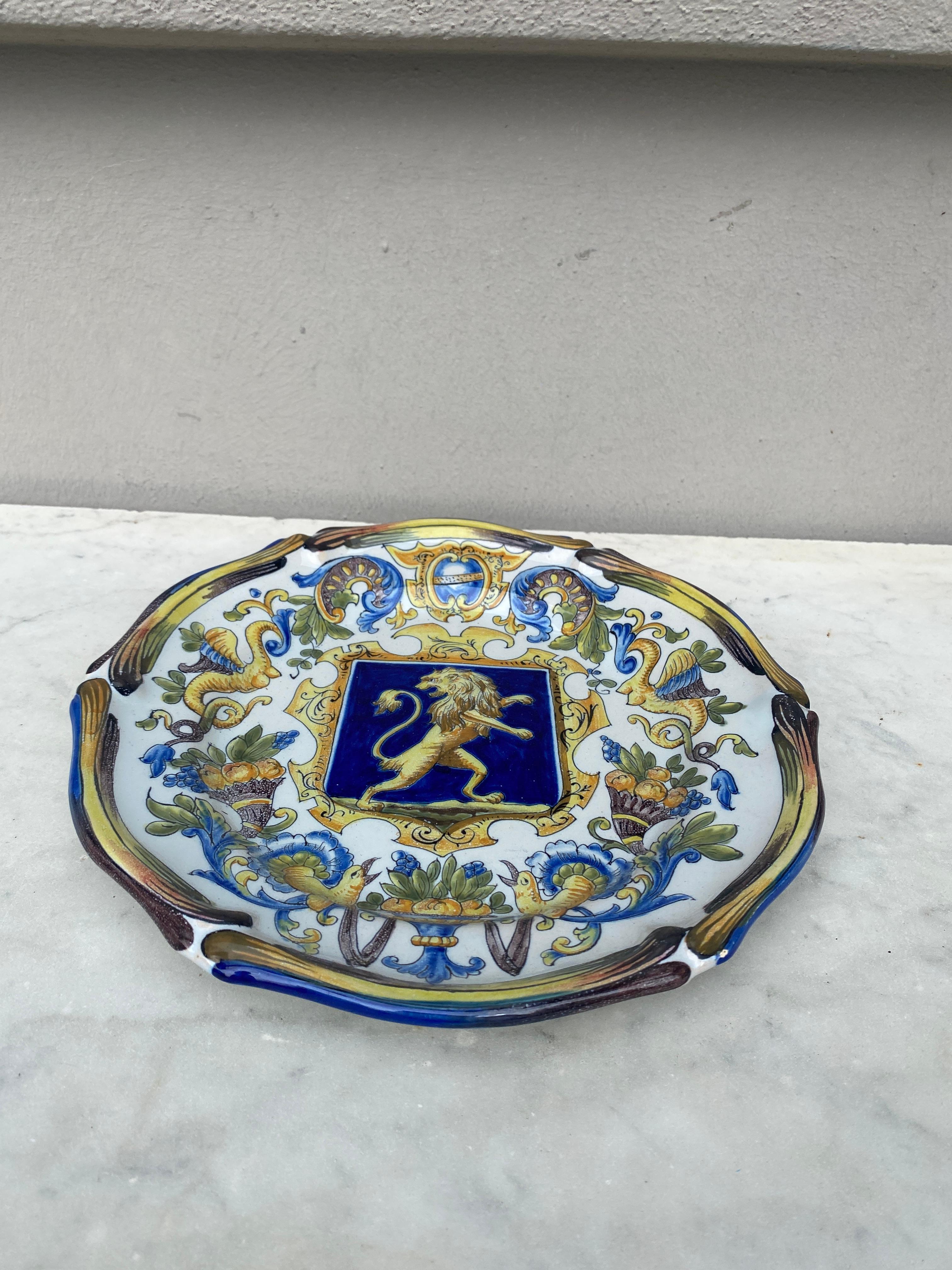 Early 20th Century Pair of French Faience Plate Coat of Arms Saint Clement, circa 1900 For Sale