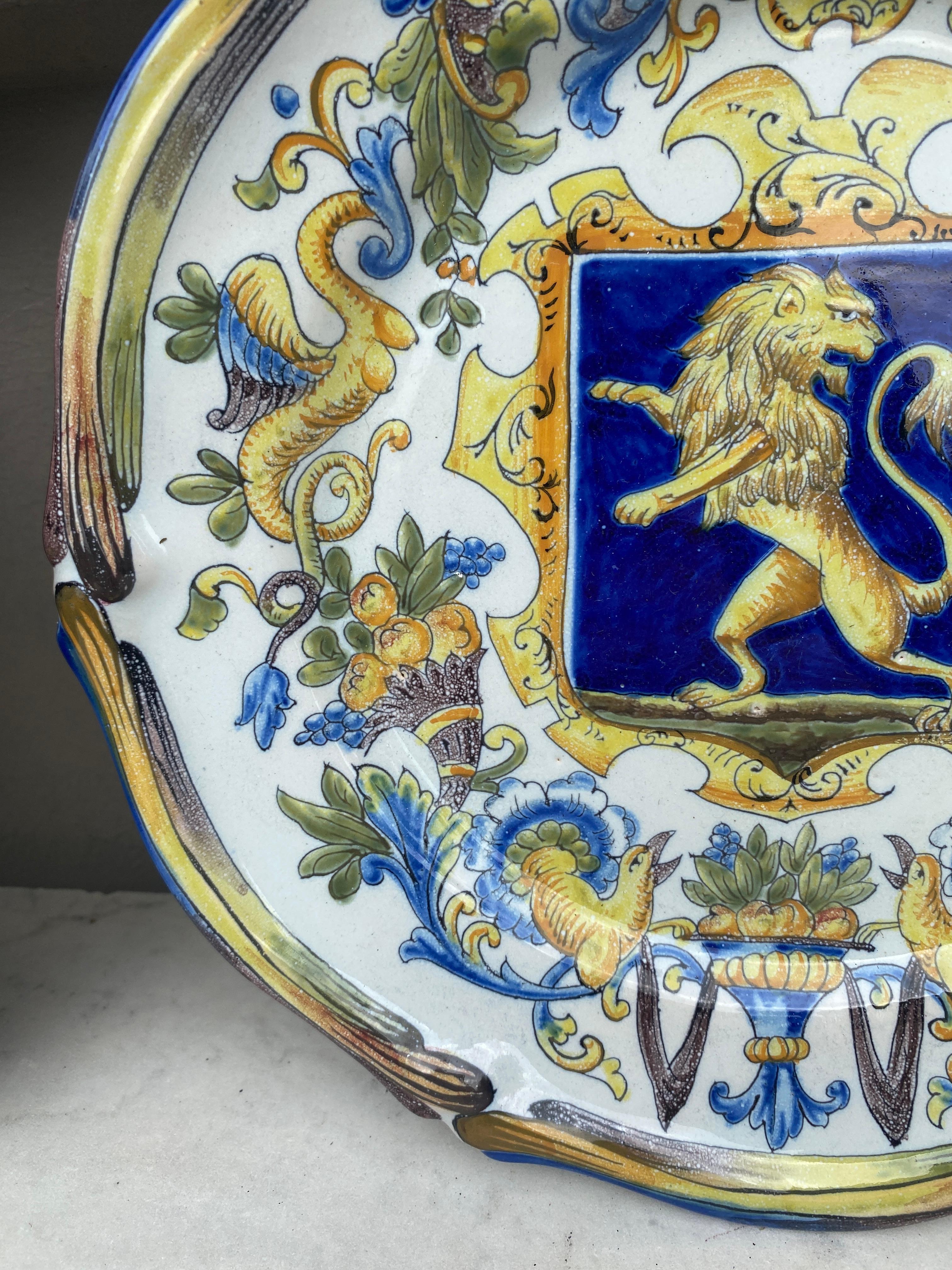 Pair of French Faience Plate Coat of Arms Saint Clement, circa 1900 For Sale 1