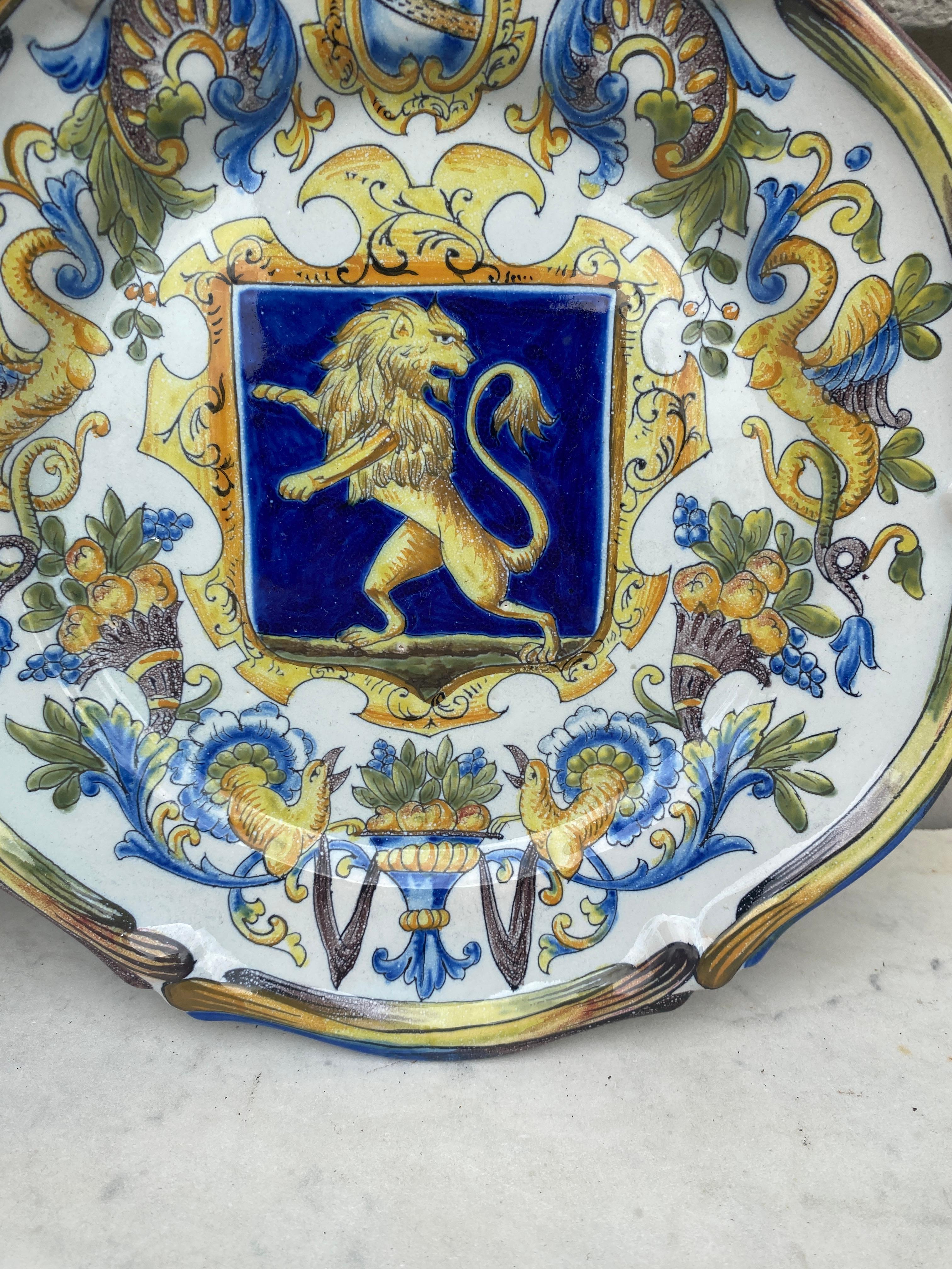 Pair of French Faience Plate Coat of Arms Saint Clement, circa 1900 For Sale 2