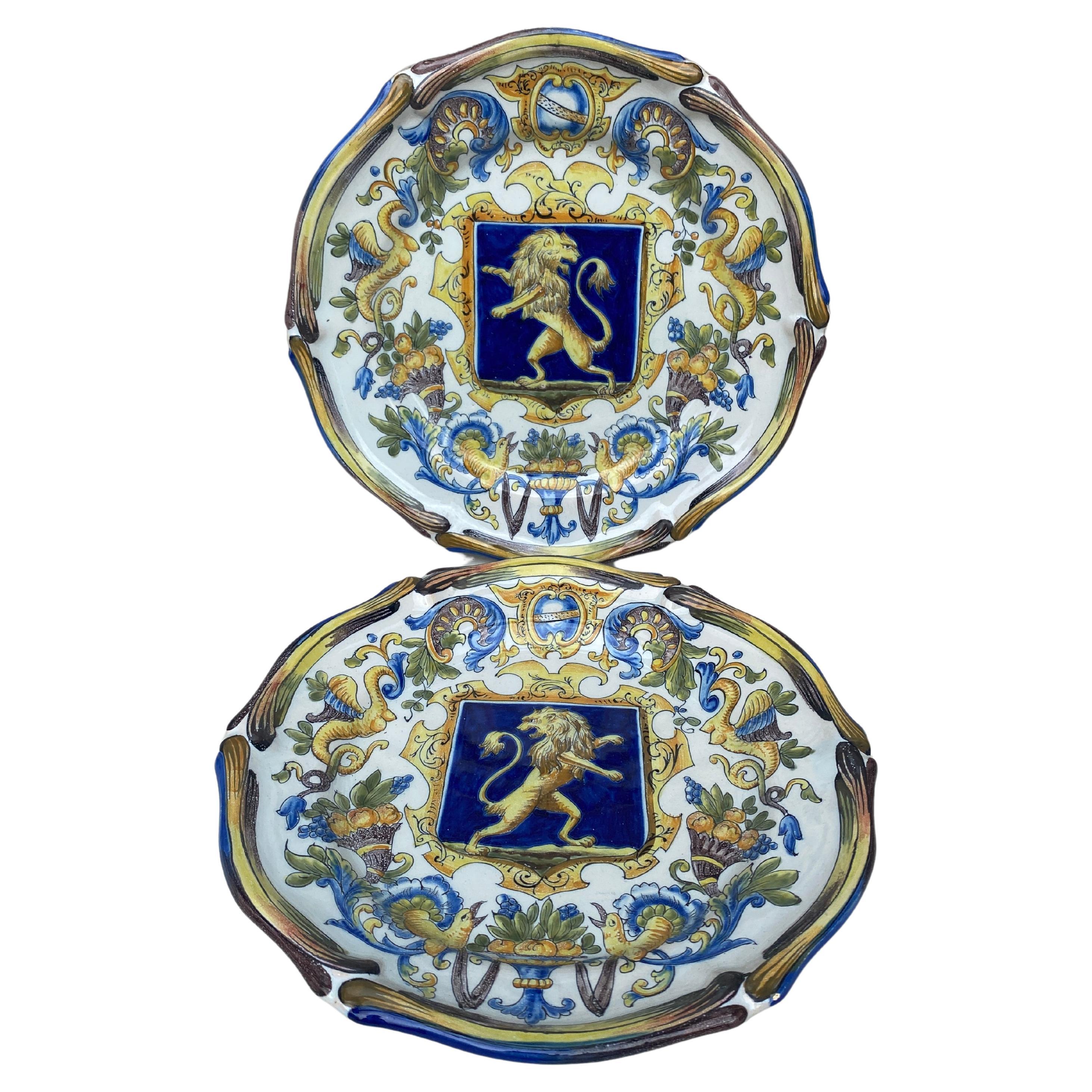 Pair of French Faience Plate Coat of Arms Saint Clement, circa 1900 For Sale