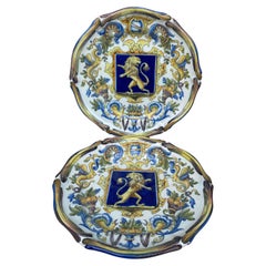 Antique Pair of French Faience Plate Coat of Arms Saint Clement, circa 1900