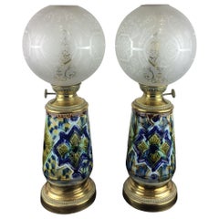 Pair of French 19th Century Brass & Porcelain Oil Lamps Electrified, Stamped