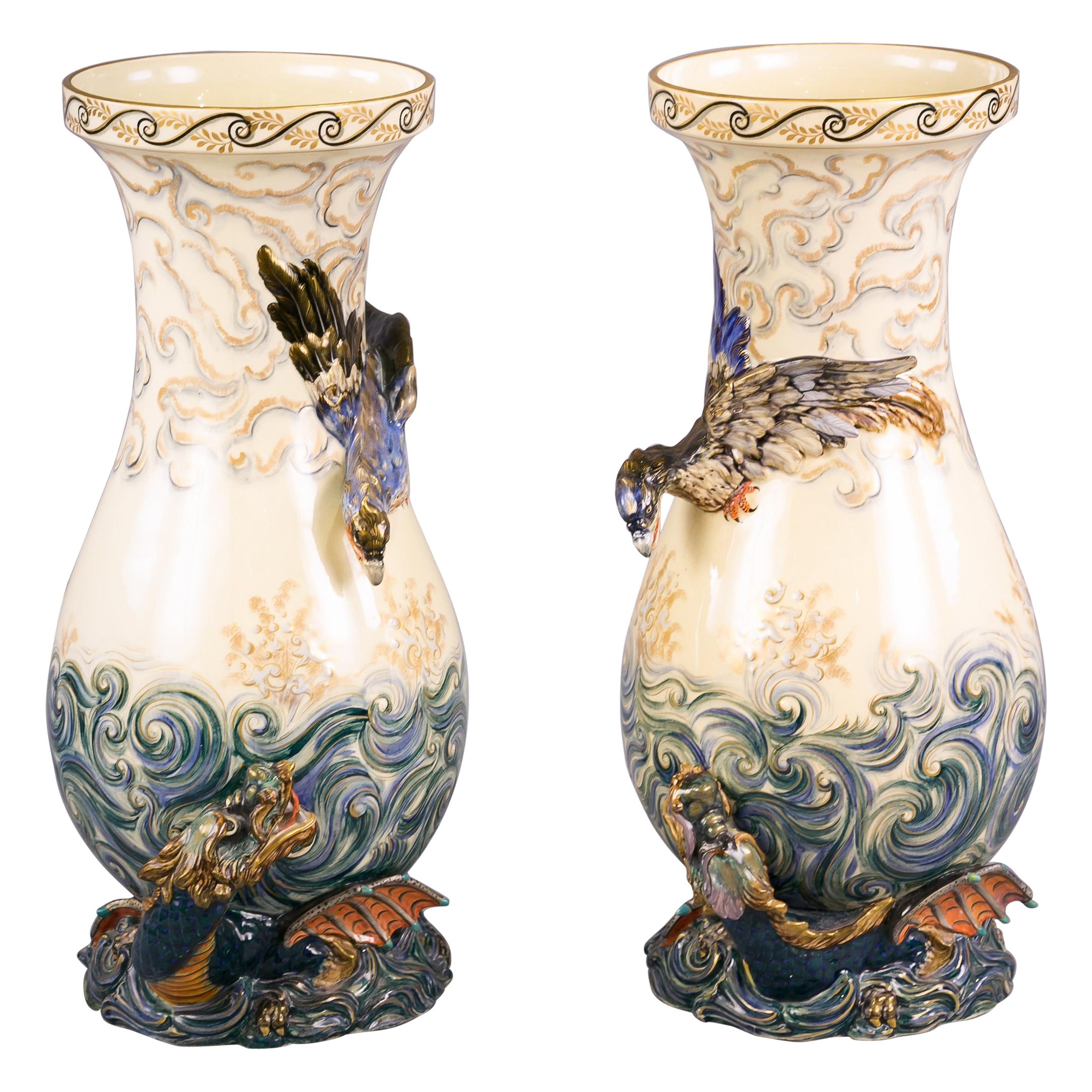 Paar französische Fayence-Vasen, Luneville, um 1875