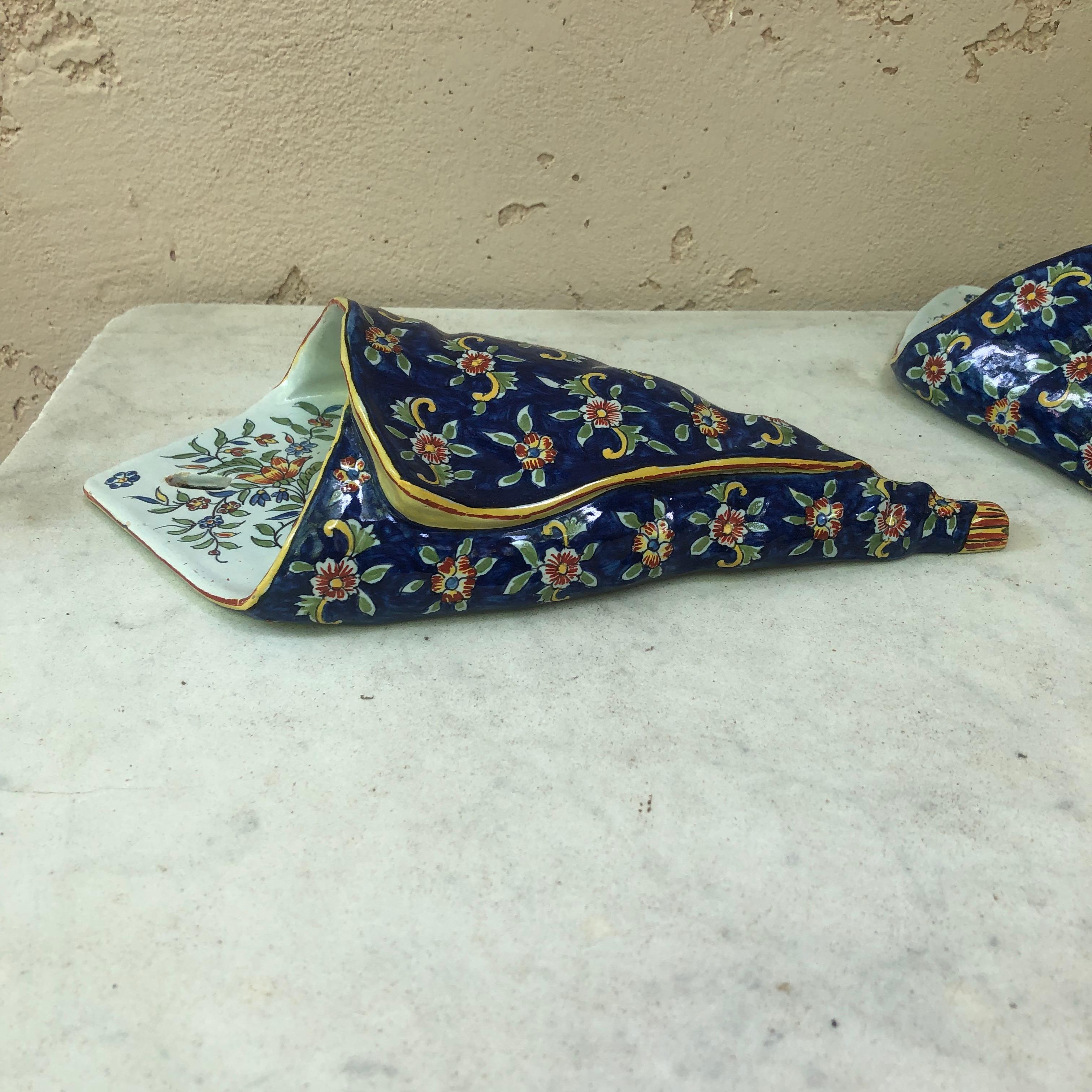 Rustic Pair of French Faience Wall Pocket Desvres Fourmaintraux, Circa 1890 For Sale