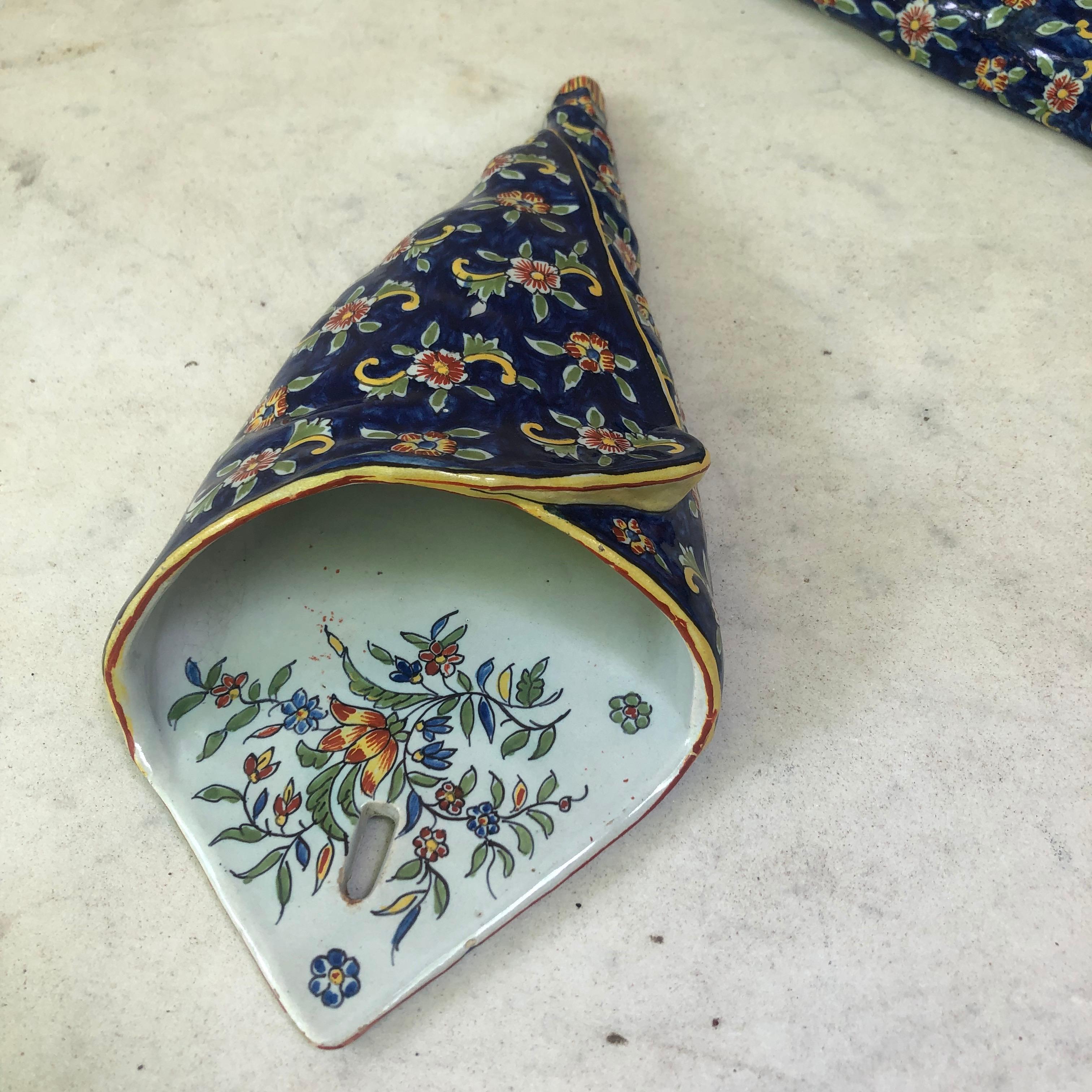 Ceramic Pair of French Faience Wall Pocket Desvres Fourmaintraux, Circa 1890 For Sale