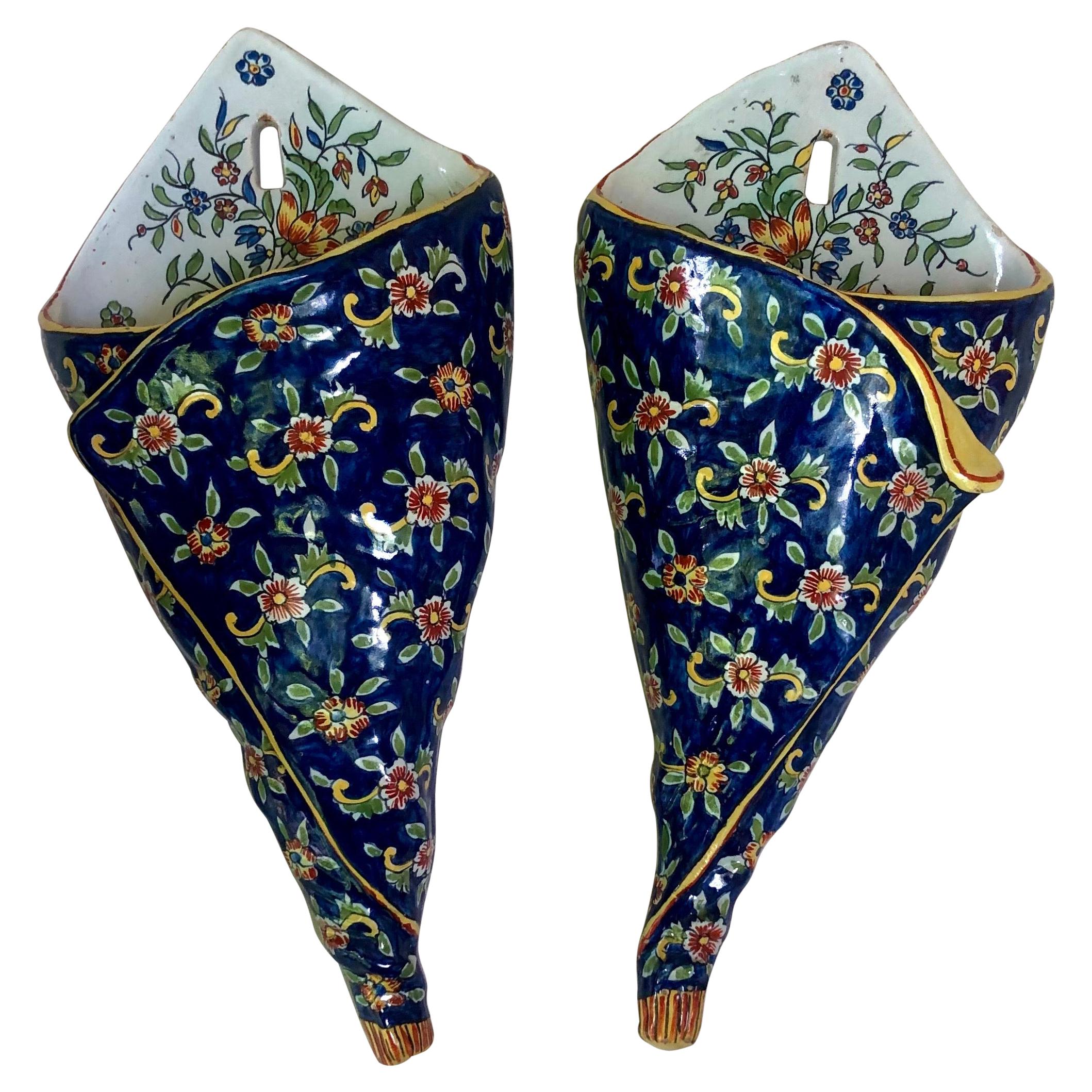 Pair of French Faience Wall Pocket Desvres Fourmaintraux, Circa 1890 For Sale