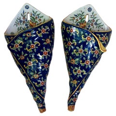 Antique Pair of French Faience Wall Pocket Desvres Fourmaintraux, Circa 1890