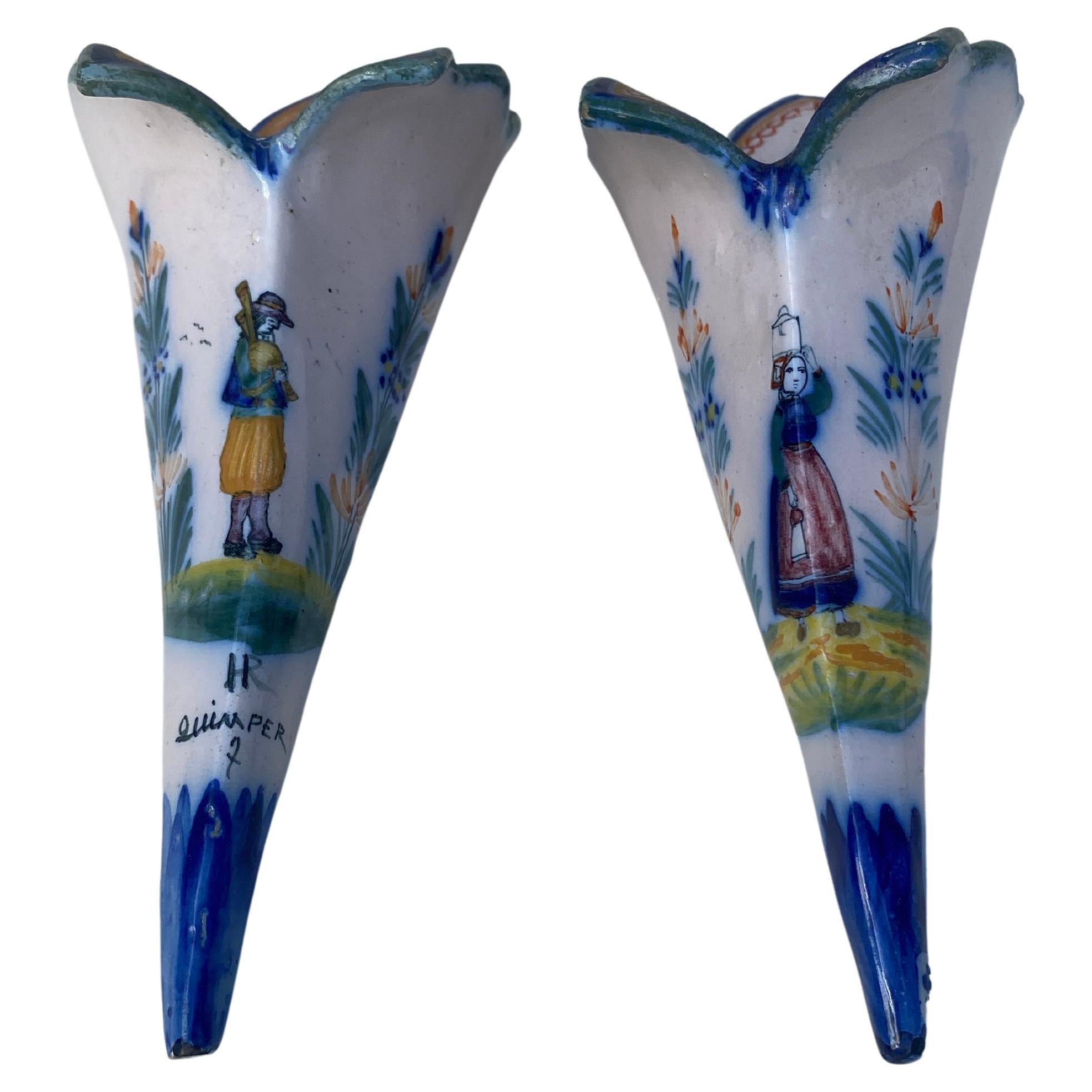 Rustic Pair of French Faience Wall Pocket Henriot Quimper For Sale