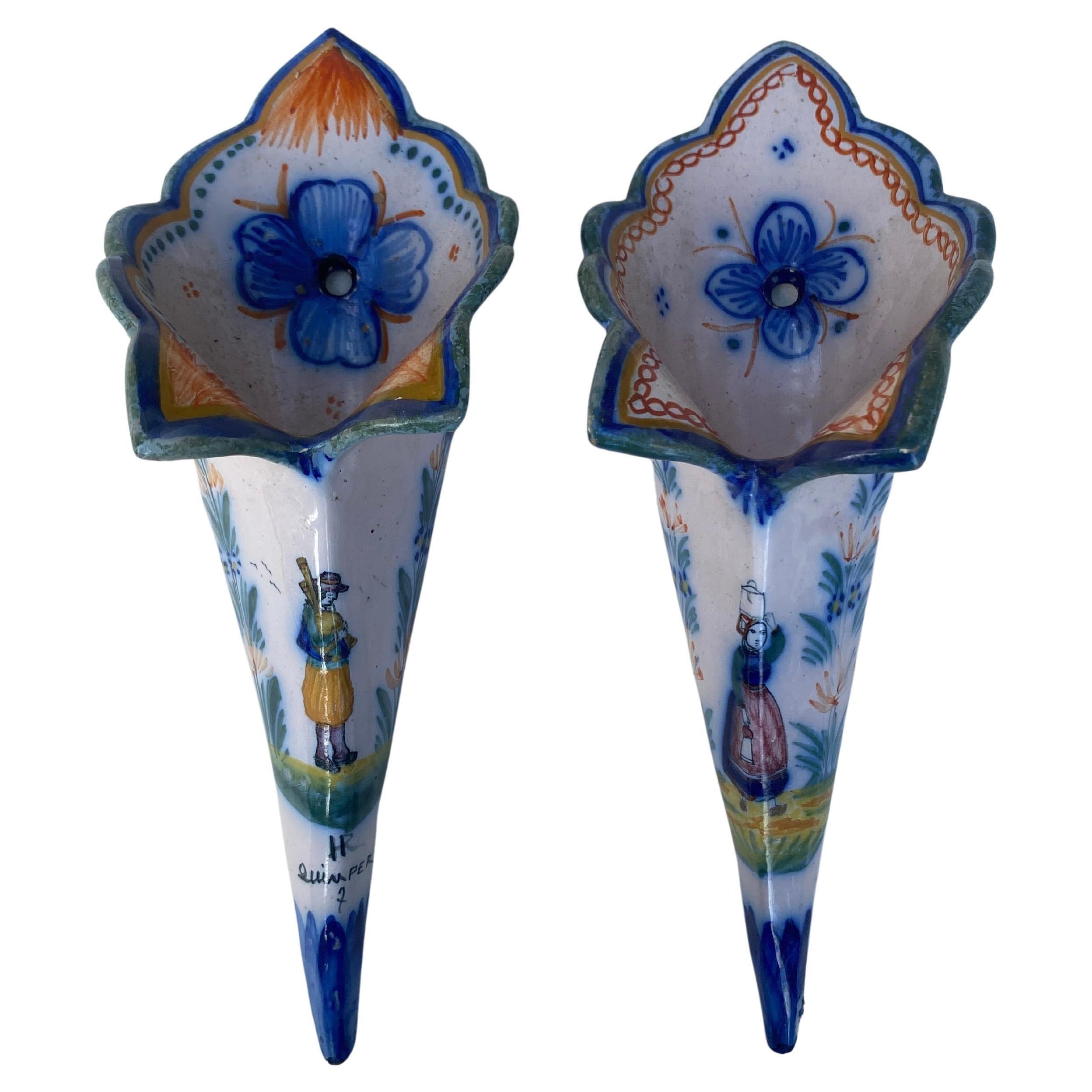 Pair of French Faience Wall Pocket Henriot Quimper