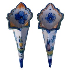 Antique Pair of French Faience Wall Pocket Henriot Quimper
