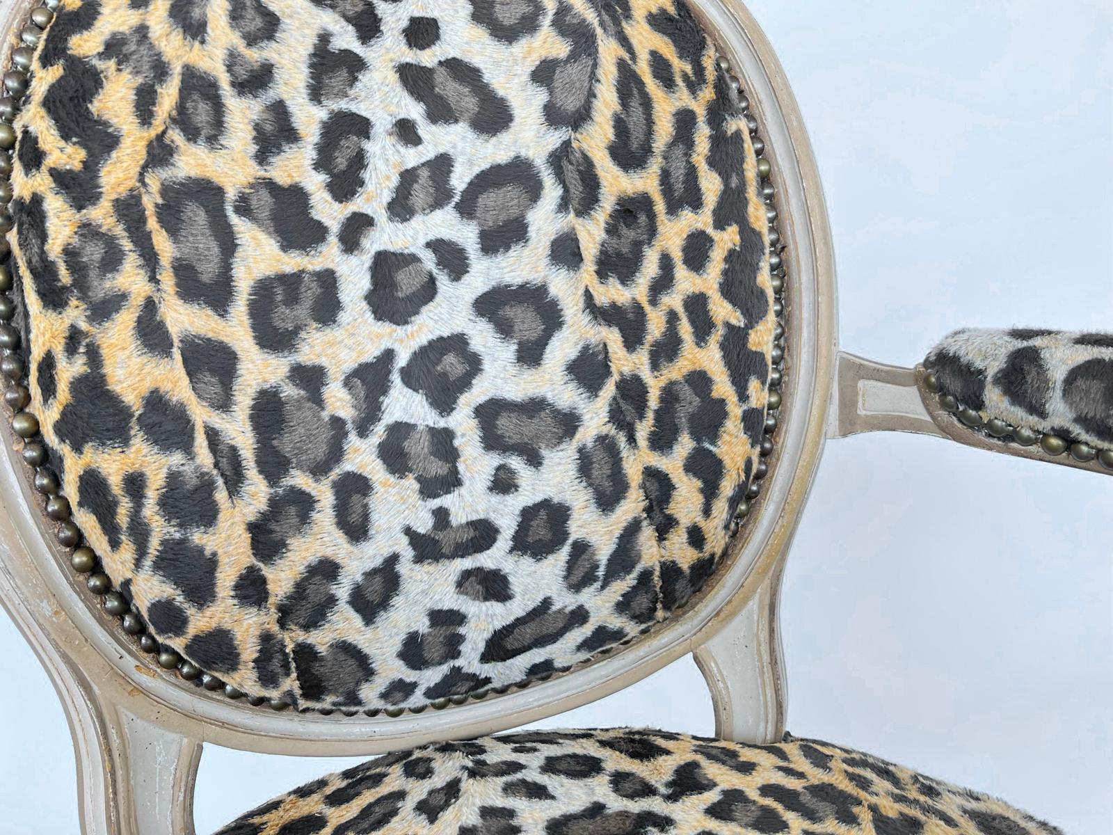 Pair of French Fauteuils, Upholstered in Faux Cheetah Print For Sale 1