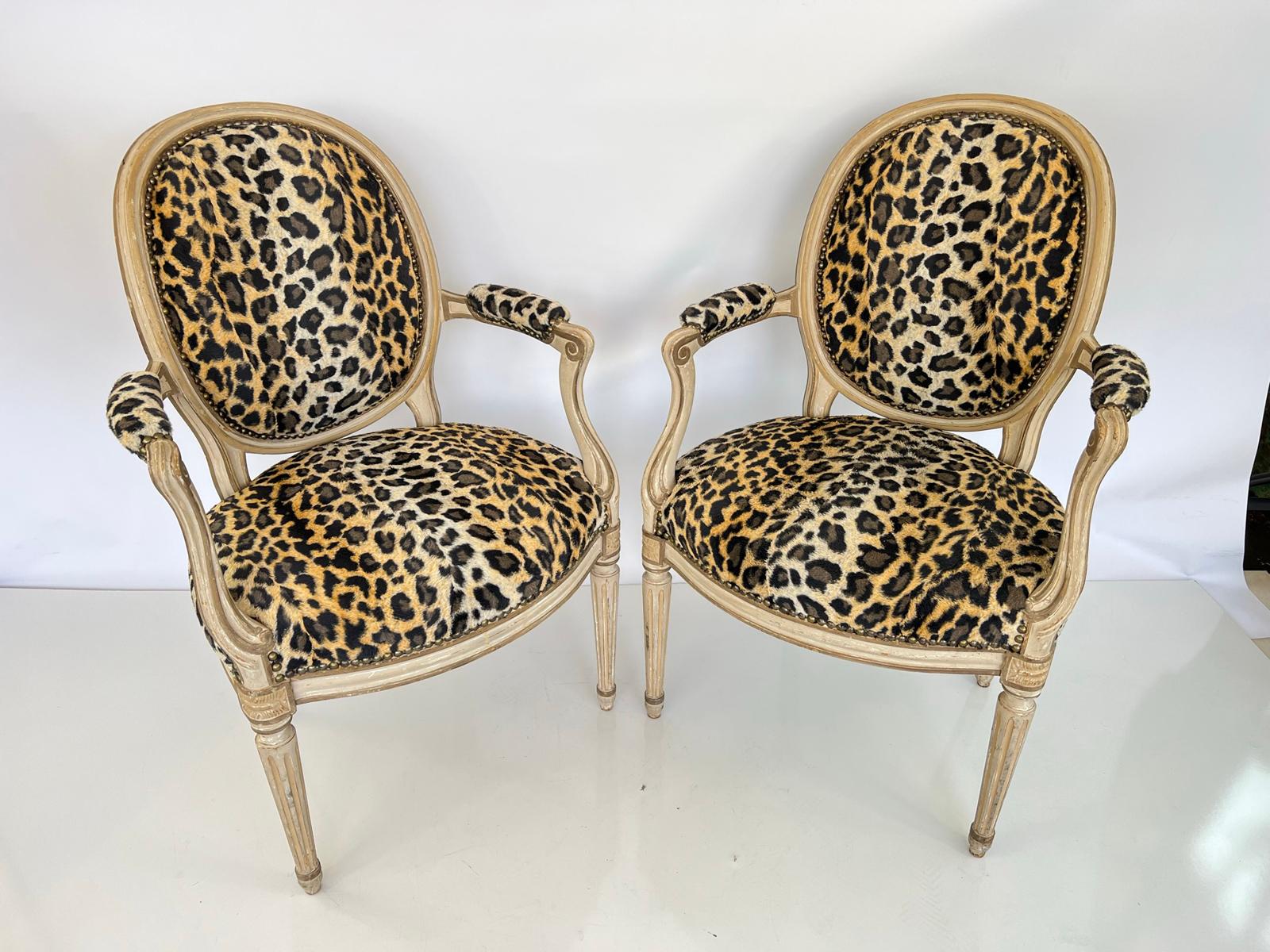 Pair of French Fauteuils, Upholstered in Faux Cheetah Print For Sale 3