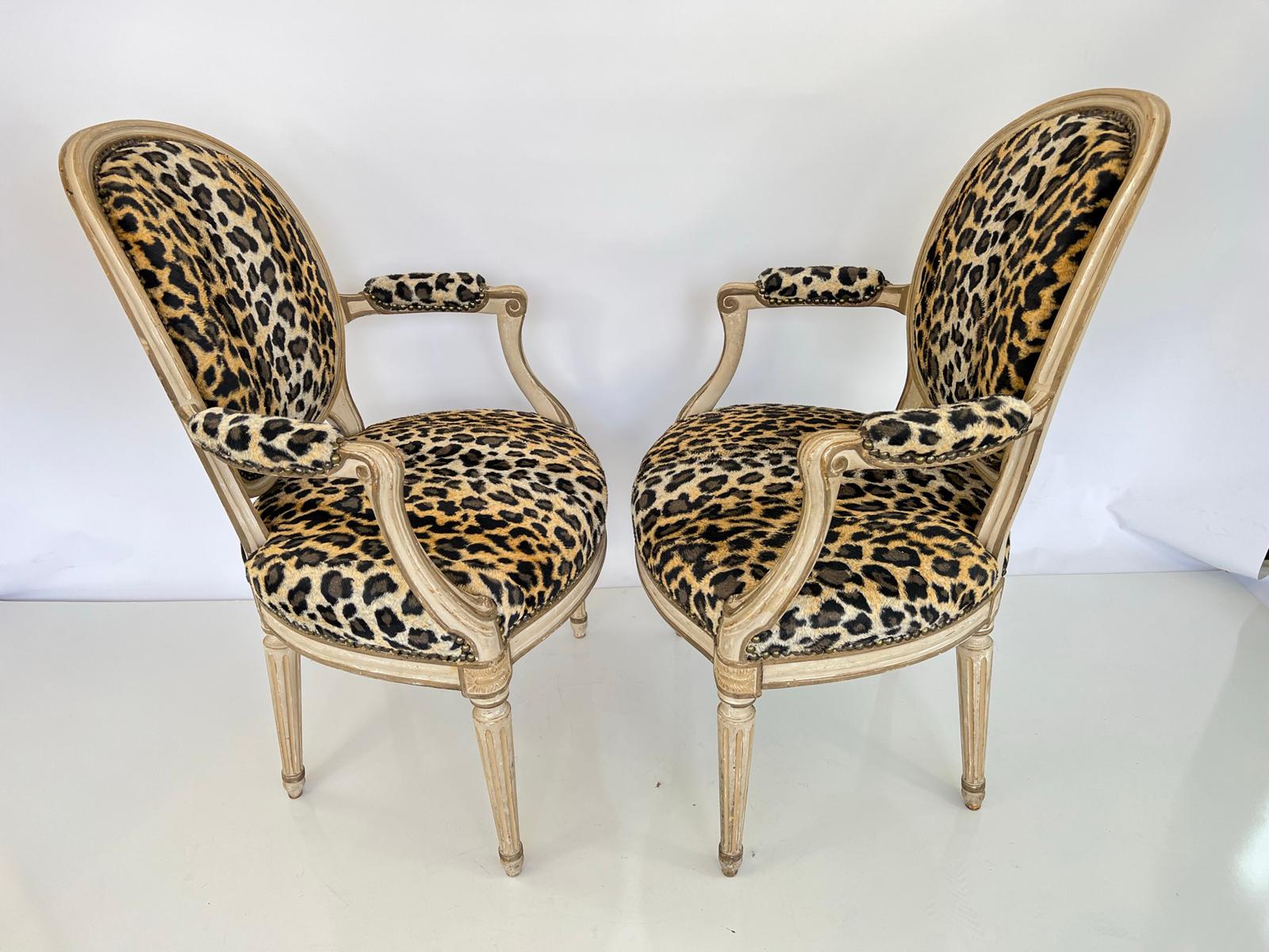 Pair of French Fauteuils, Upholstered in Faux Cheetah Print For Sale 4