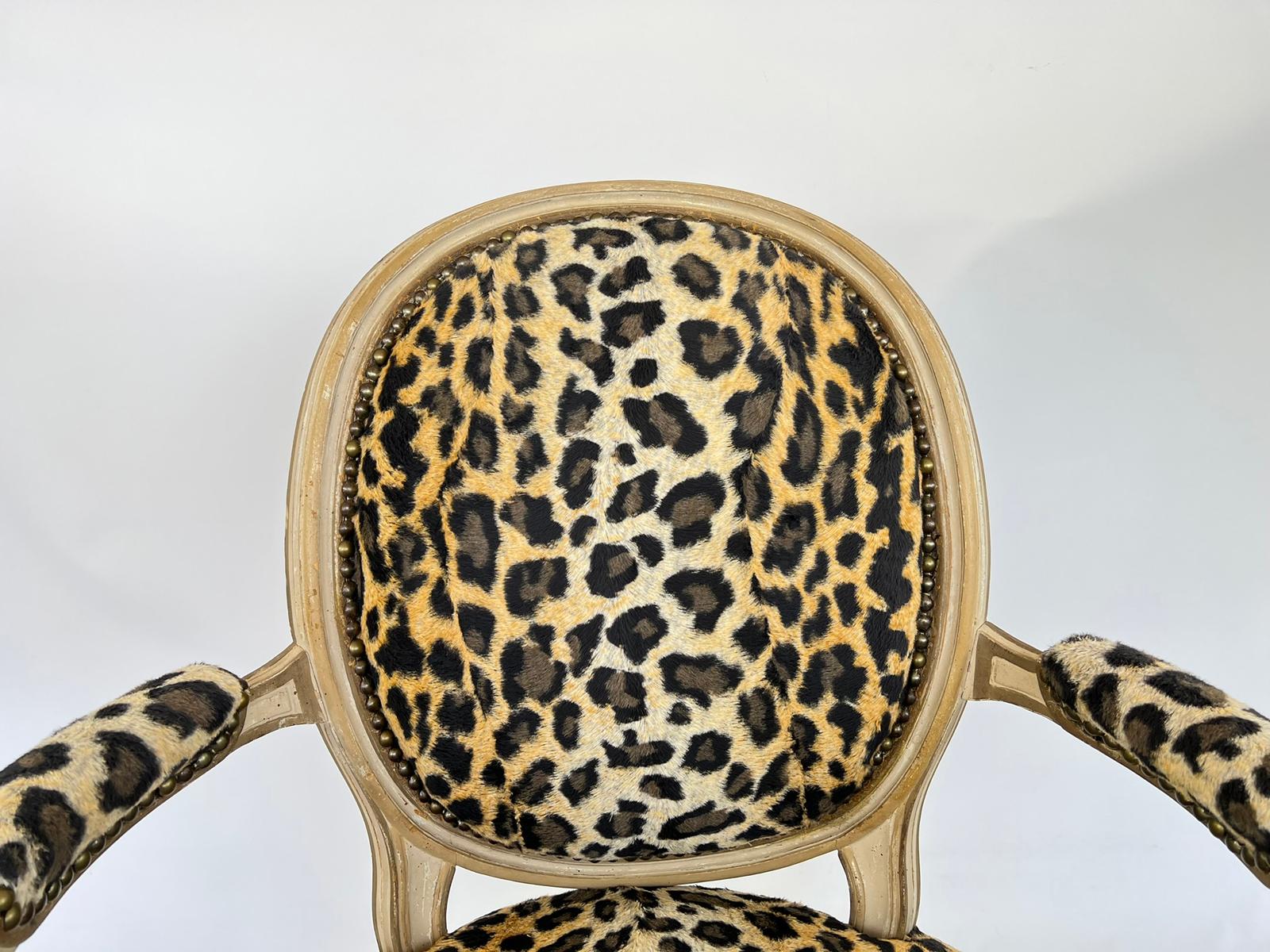 Carved Pair of French Fauteuils, Upholstered in Faux Cheetah Print For Sale