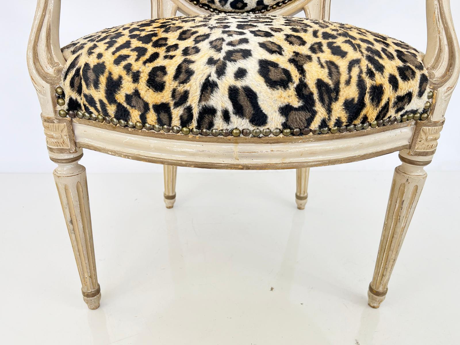 Pair of French Fauteuils, Upholstered in Faux Cheetah Print In Fair Condition For Sale In West Palm Beach, FL