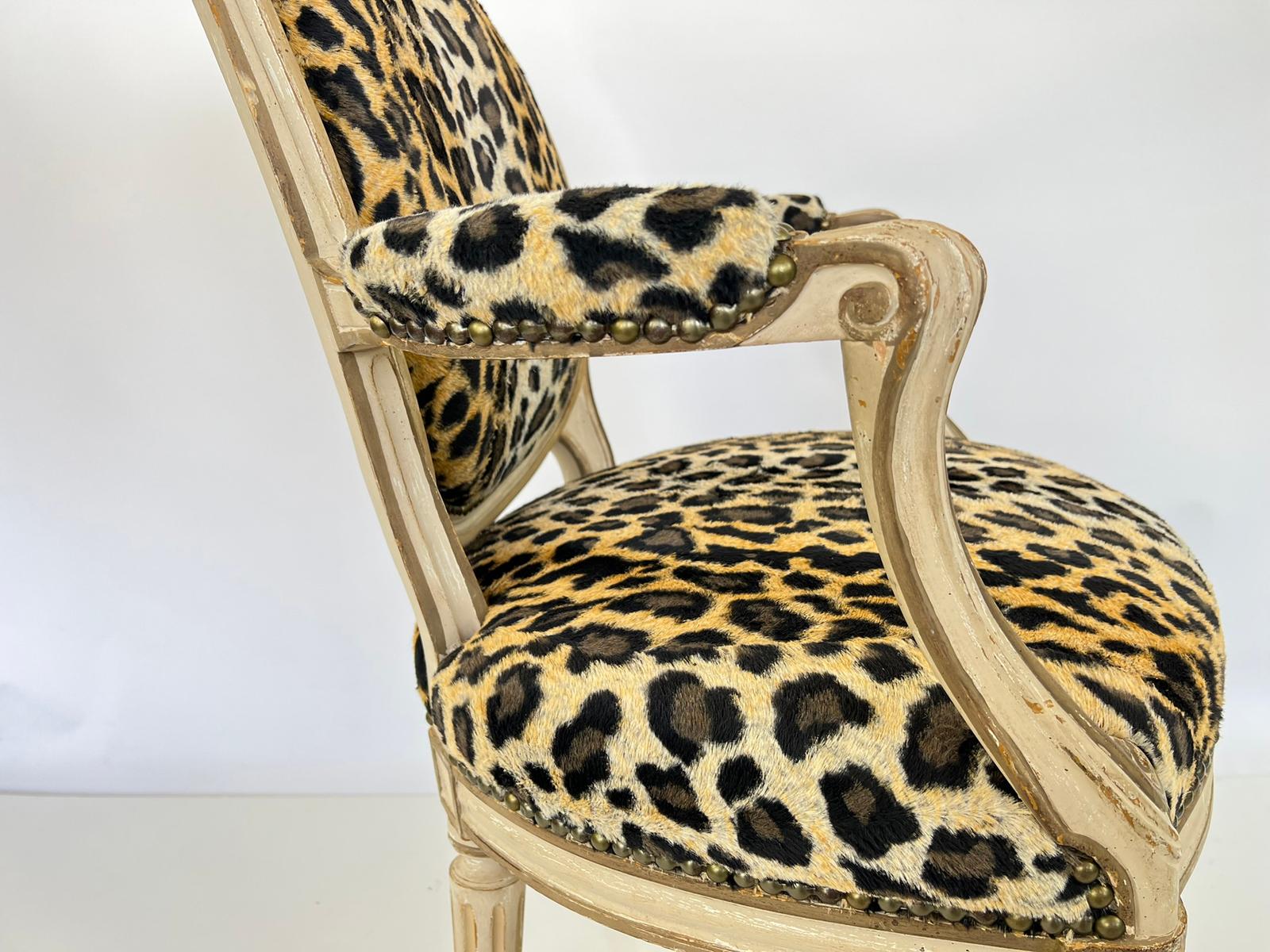 Upholstery Pair of French Fauteuils, Upholstered in Faux Cheetah Print For Sale