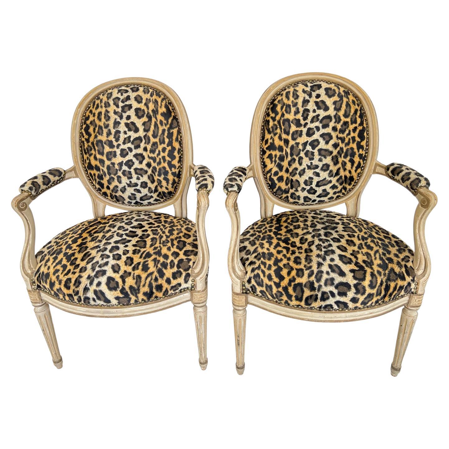 Pair of French Fauteuils, Upholstered in Faux Cheetah Print For Sale