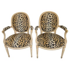 Pair of French Fauteuils, Upholstered in Faux Cheetah Print