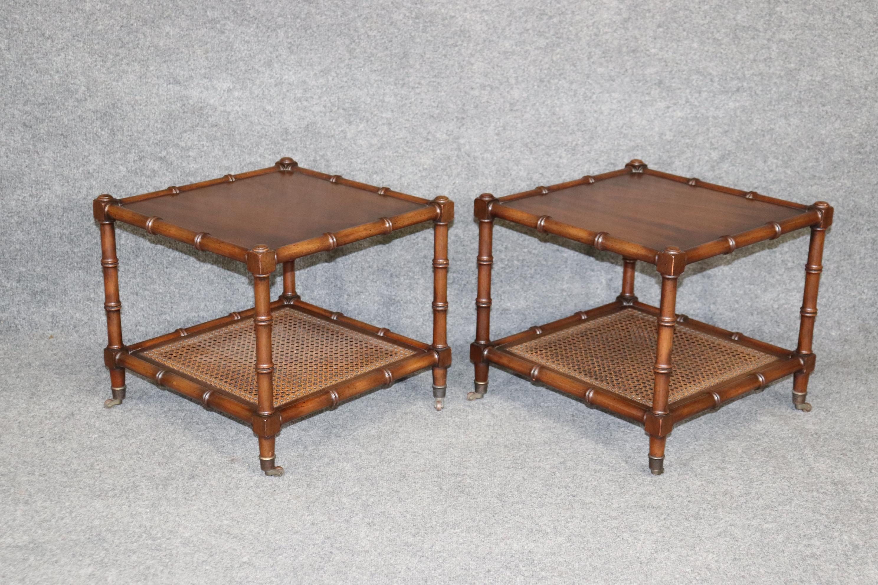 I believe these gorgeous tables are made by a manufacturer like Old Colony or Beacon Hill but they are not labeled. The tables are in good condition with no significant wear or damage and have beautiful walnut and cane used in together for a formal