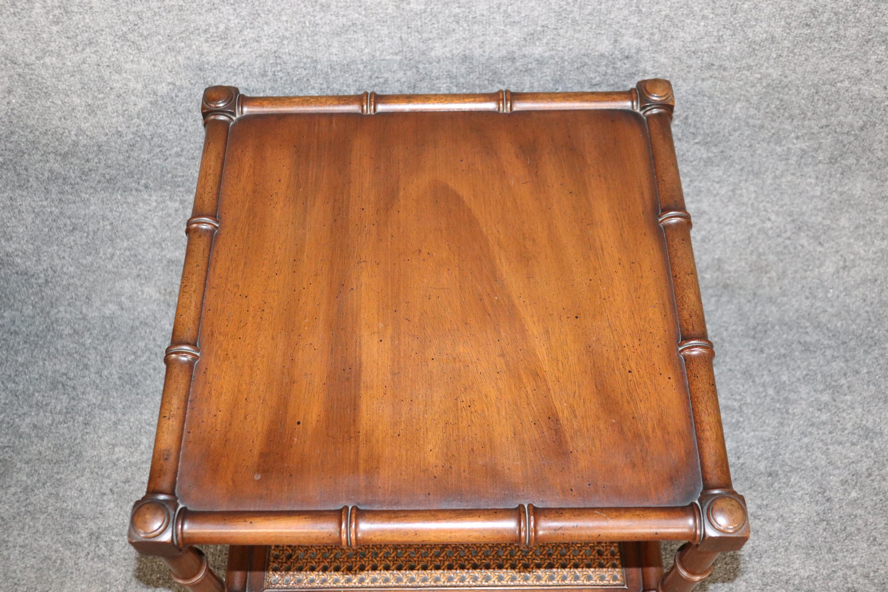 Louis XV Pair of French Faux Bamboo End Side Tables with Cane Bottoms and Casters