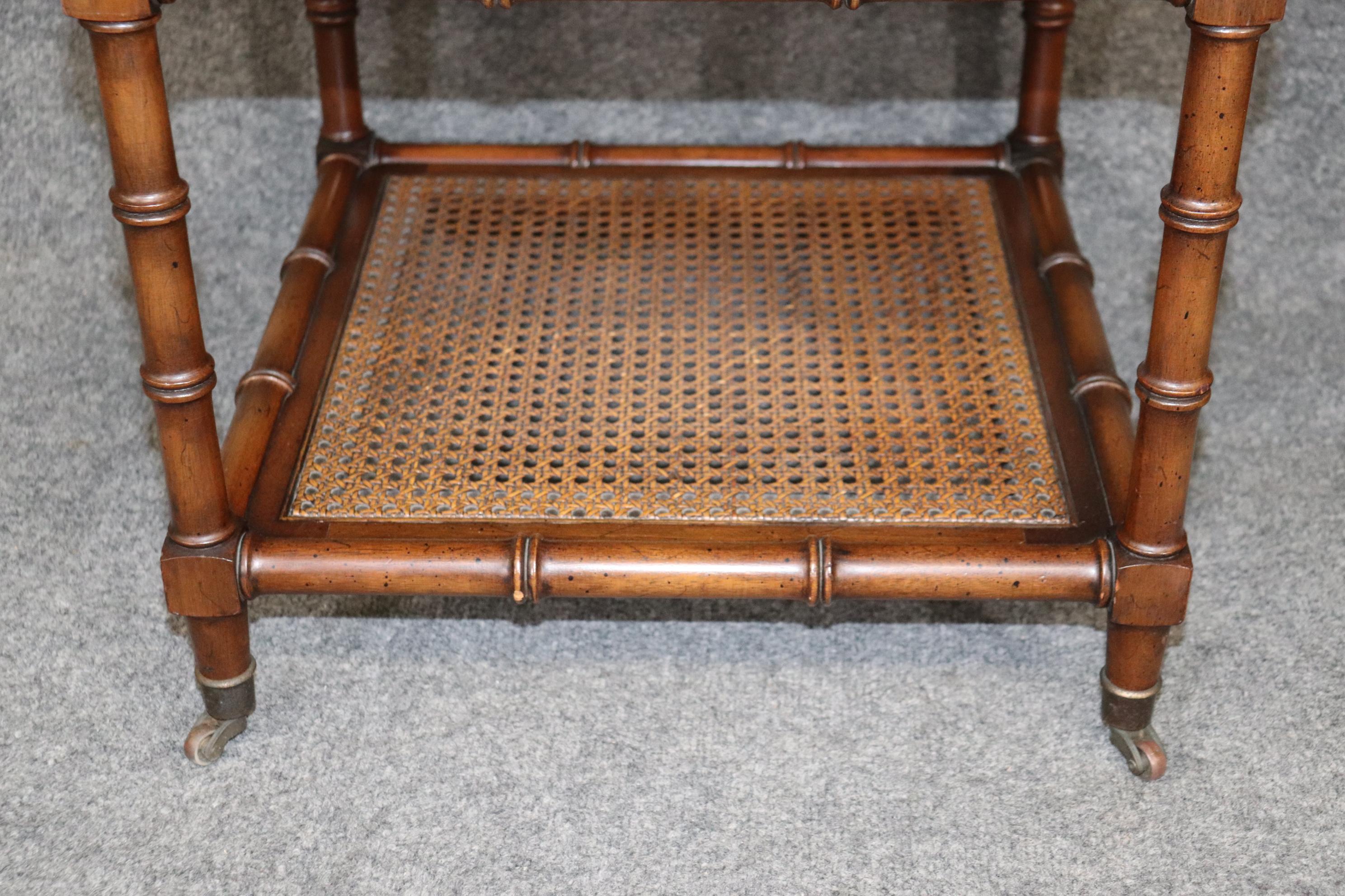American Pair of French Faux Bamboo End Side Tables with Cane Bottoms and Casters