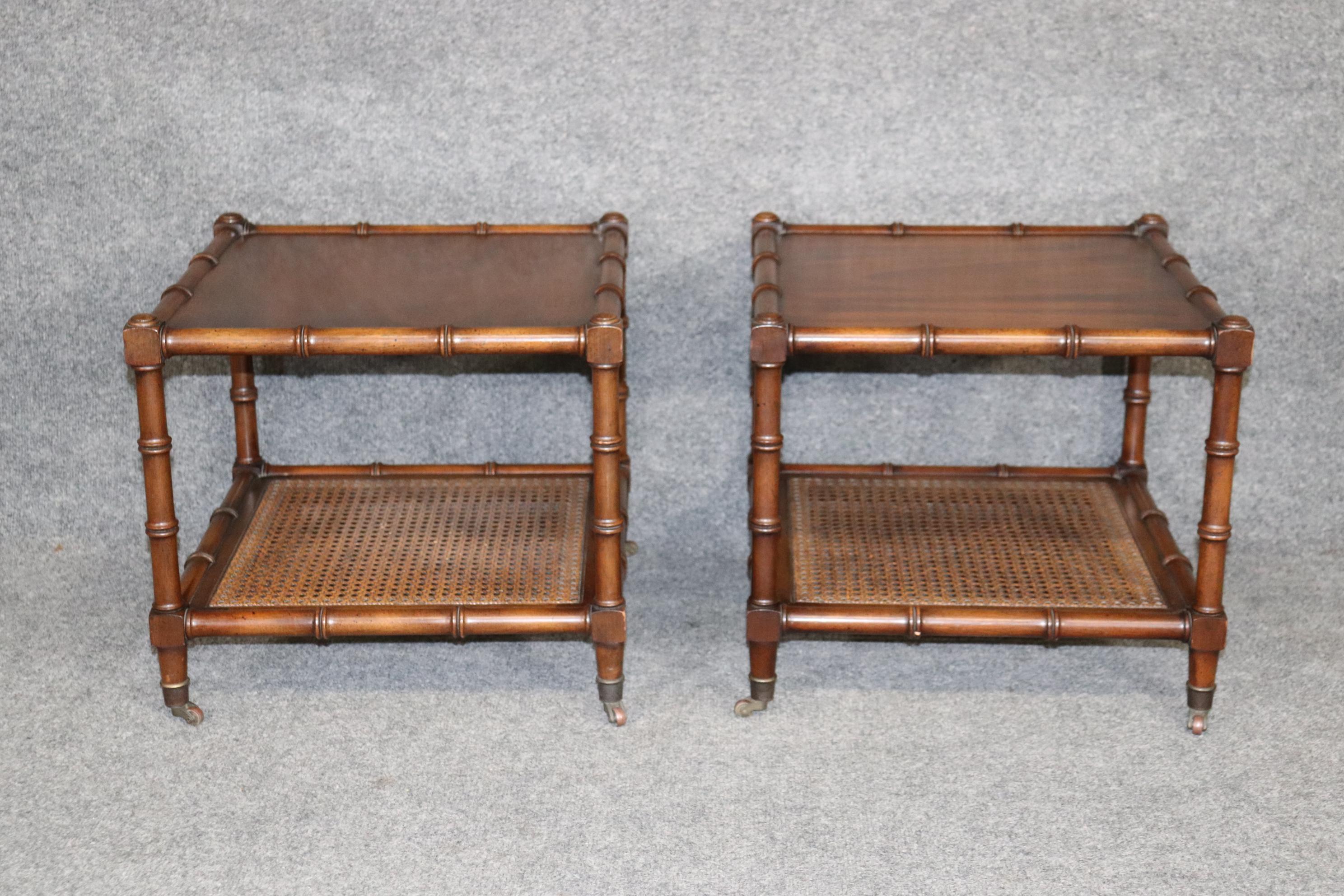 Pair of French Faux Bamboo End Side Tables with Cane Bottoms and Casters In Good Condition In Swedesboro, NJ