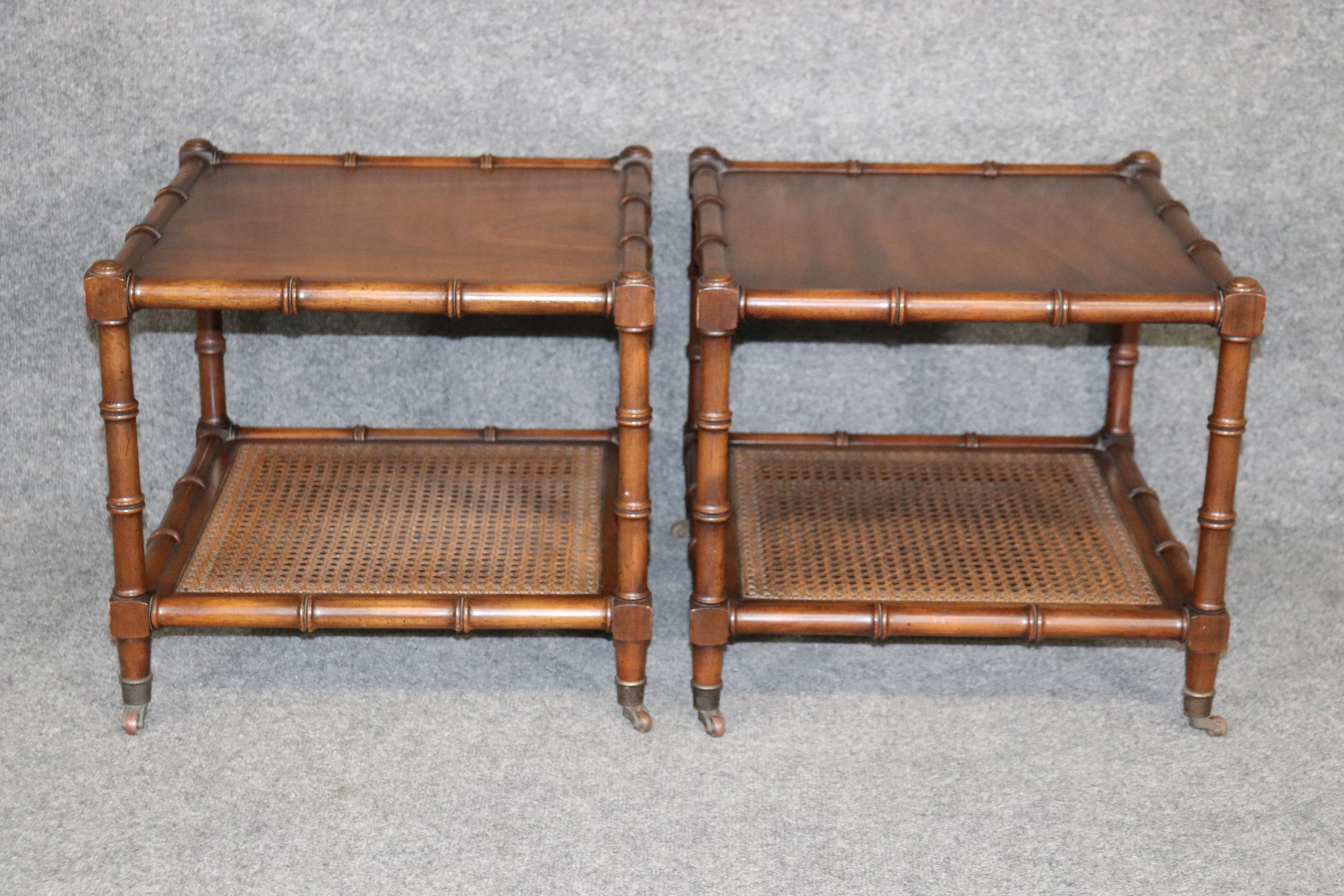 Late 20th Century Pair of French Faux Bamboo End Side Tables with Cane Bottoms and Casters