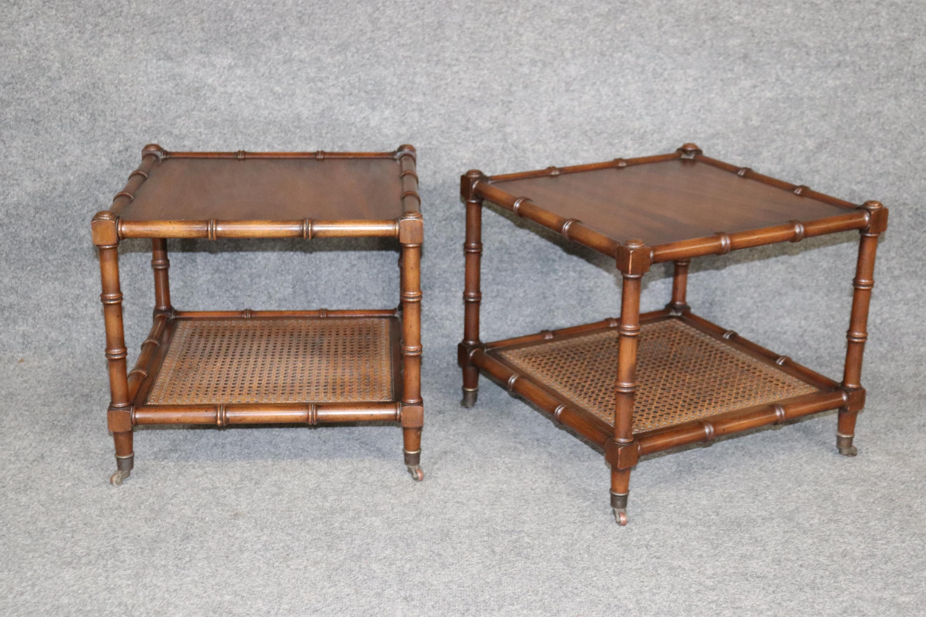 Brass Pair of French Faux Bamboo End Side Tables with Cane Bottoms and Casters